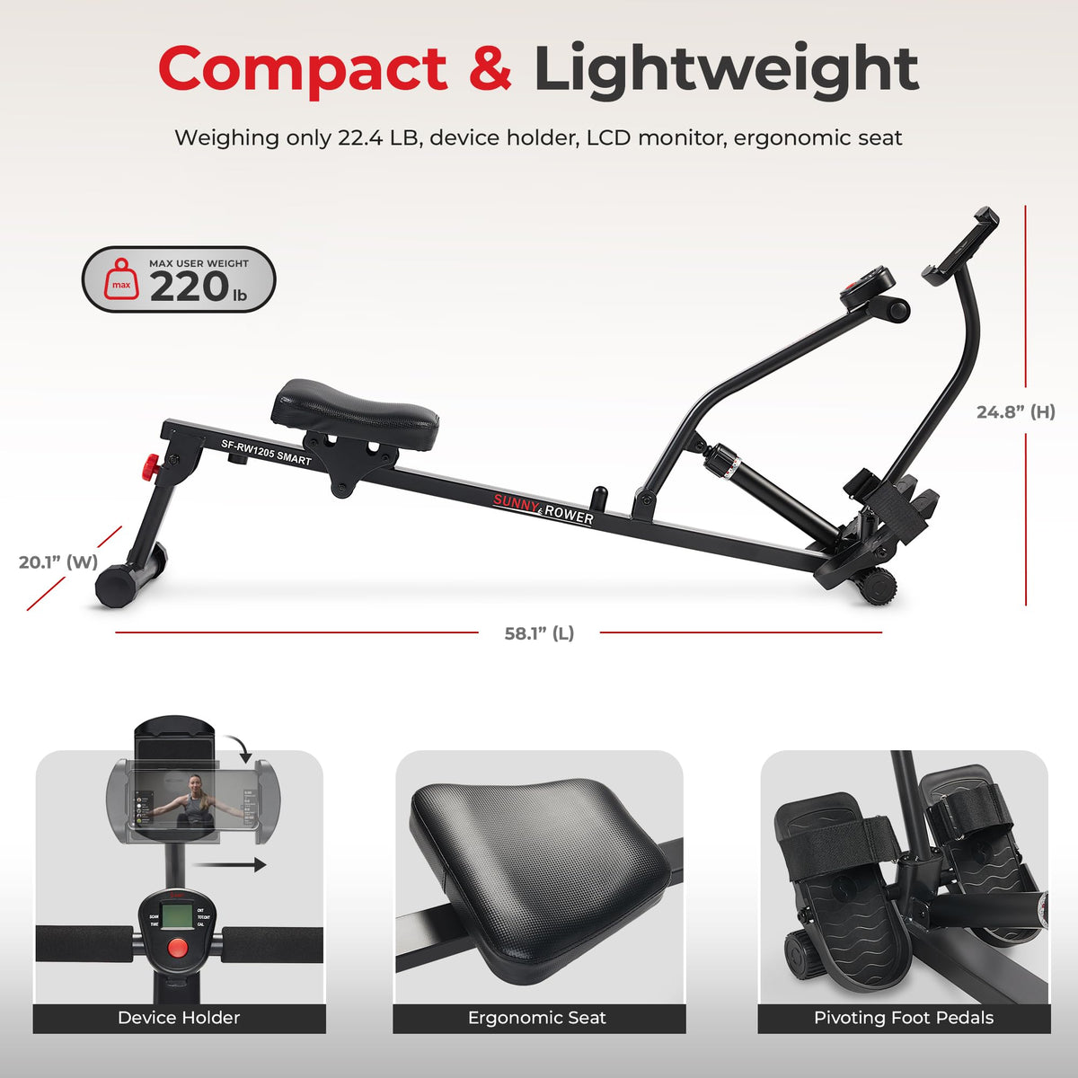 Sunny Health Fitness Compact Hydraulic Rower with 12 Level - Sunny Health & Fitness Official Imagery - 6