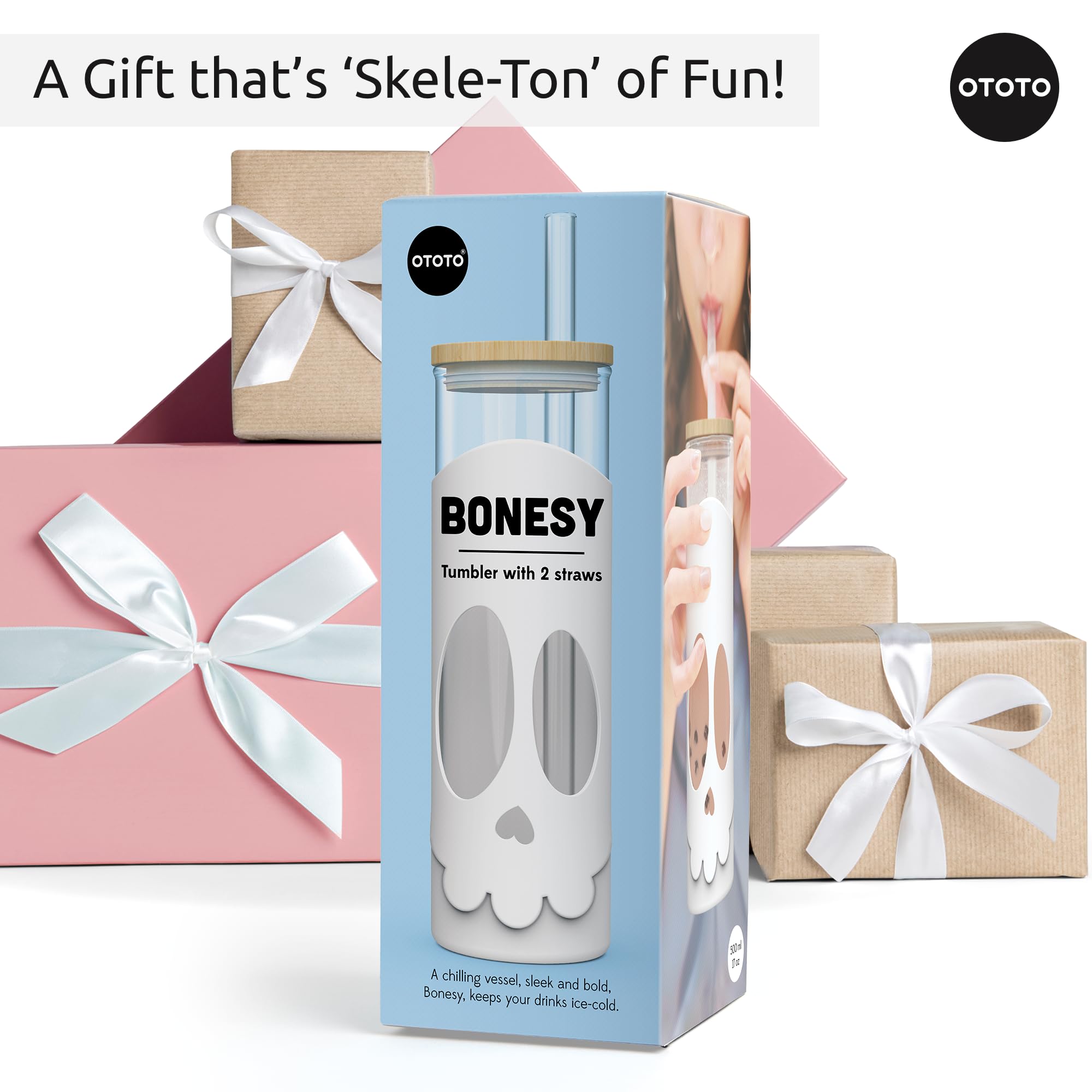 OTOTO NEW Bonesy Glass Tumbler with Straw and Lid - 16.90oz Cute Water - View 9