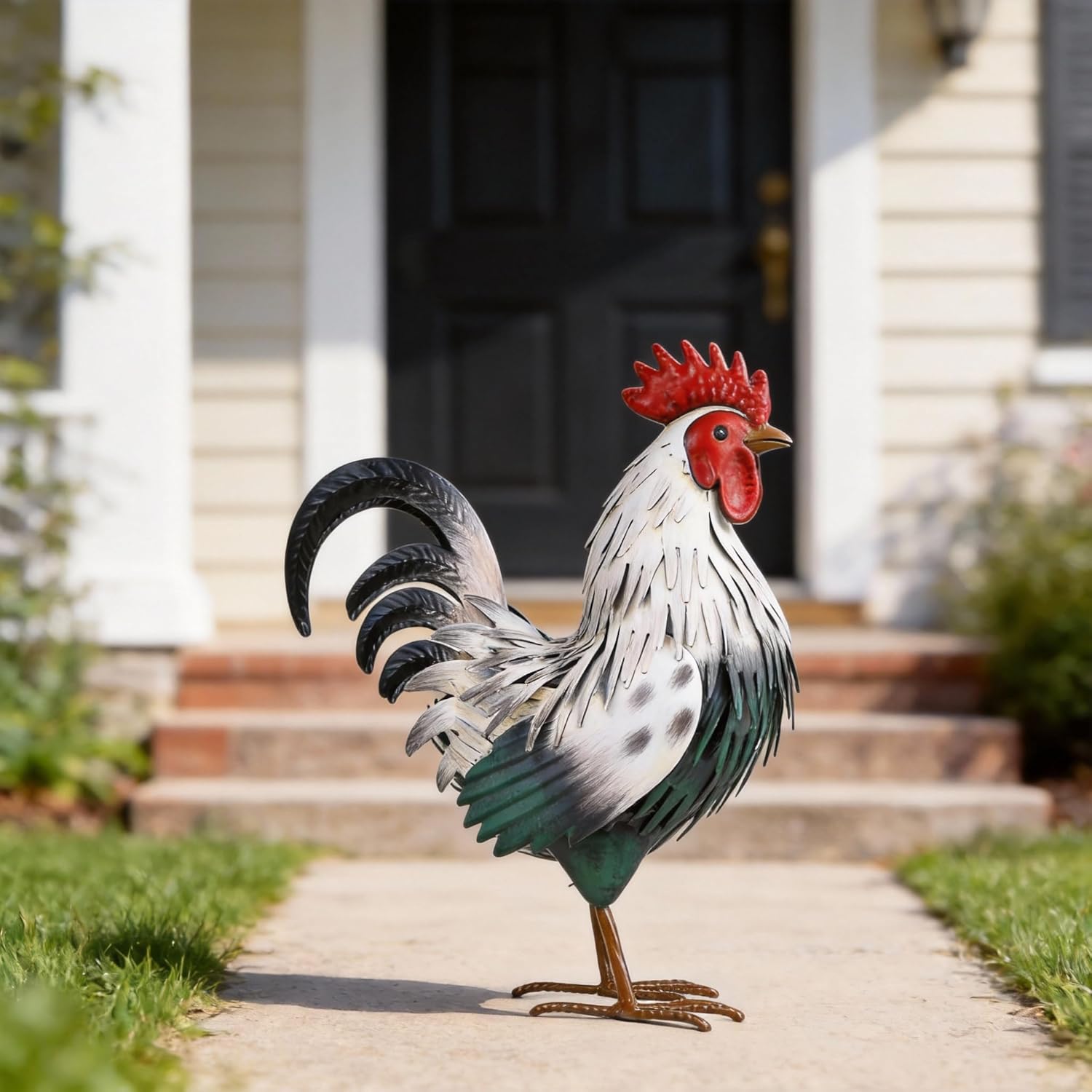 Ratuor rooster garden statue sculpture made of metal, outdoor yard decor, decorative chicken figurine for patio or backyard.
