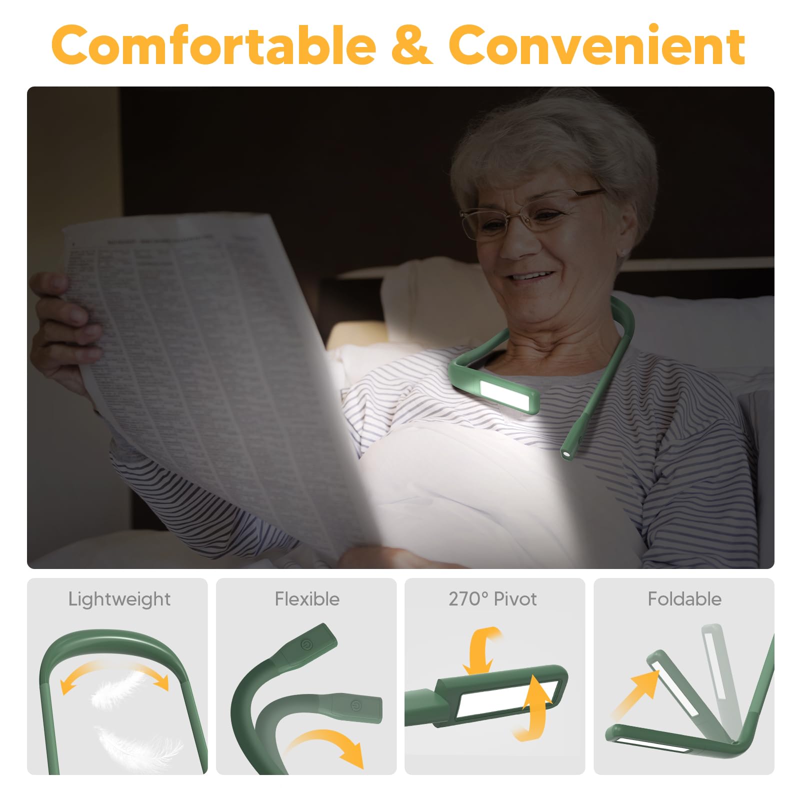 EastPin Neck Reading Light, 80-hr Lasting Rechargeable Book Light Wide - View 6
