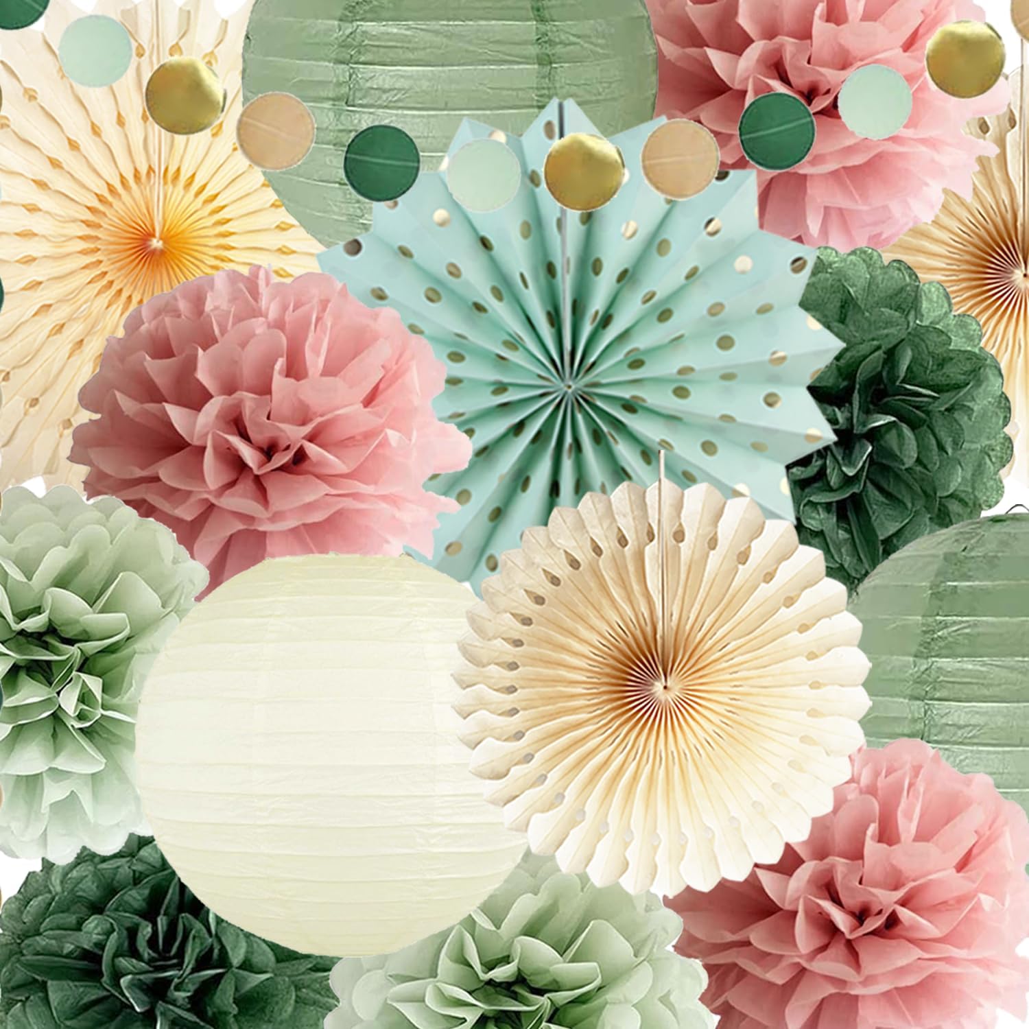 Sage green and dusty pink party decorations with banners and balloons for celebration, by FETETIJD.