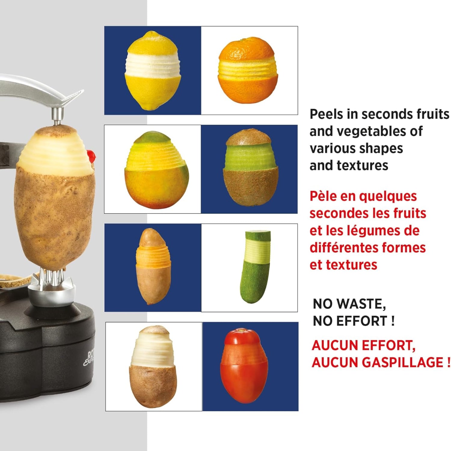 Starfrit Rotato Express electric peeler with two spare blades, showcasing its compact design and safety features.