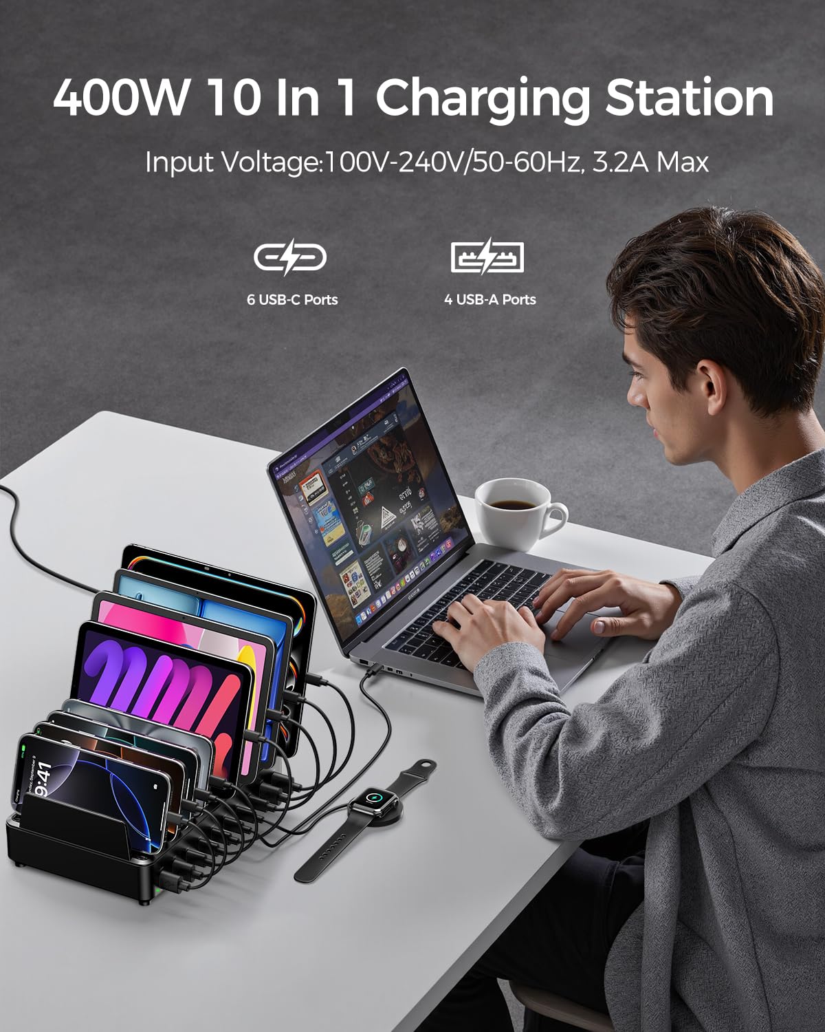 Rocoren 400W 10 Port Charging Station Dual PD 100W Dock w 6 - Rocoren Official Imagery - 3