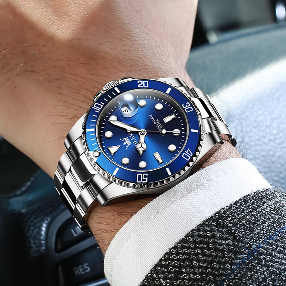 OLEVS Men's Silver & Blue Ocean Dial Dress Watch Quartz Date