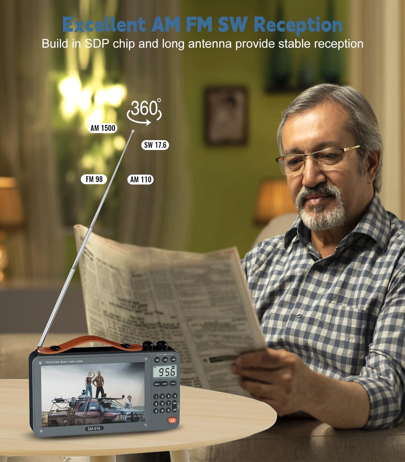 ONGTEED 720P 7-inch screen AM/FM radio with Bluetooth speaker and rechargeable battery, showing the device with controls and display
