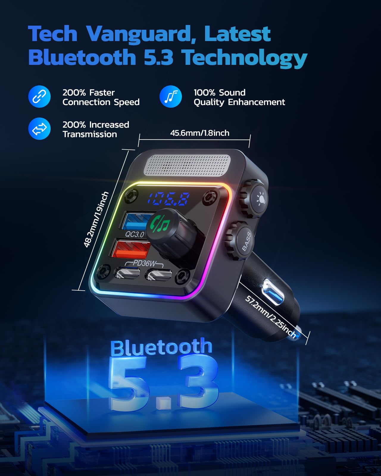 Nulaxy 54W Bluetooth 5.3 Car Adapter, FM Transmitter 4-Port Fast by Nulaxy - Angle View 3