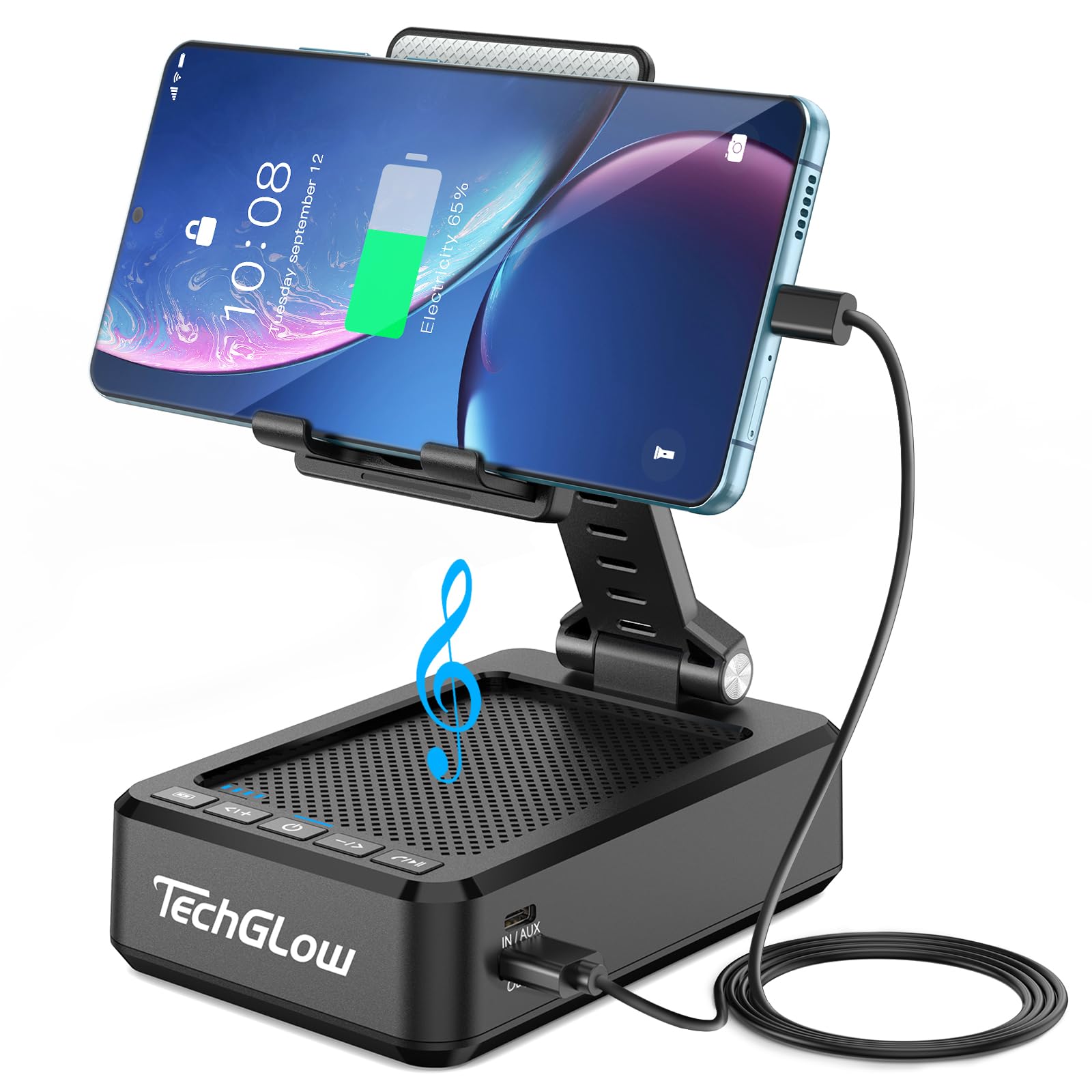 TechGlow Foldable Cellphone Stand with Bluetooth Speaker and Char - TechGlow Official Product View 1