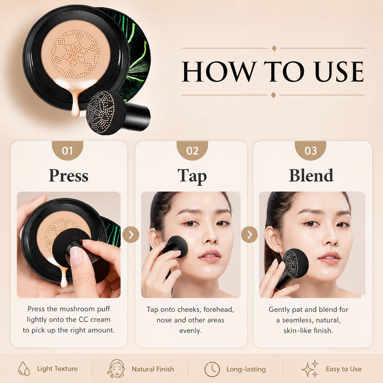 Moisture Cushion CC Cream with Mushroom Puff, Natural Color - Aurovida
