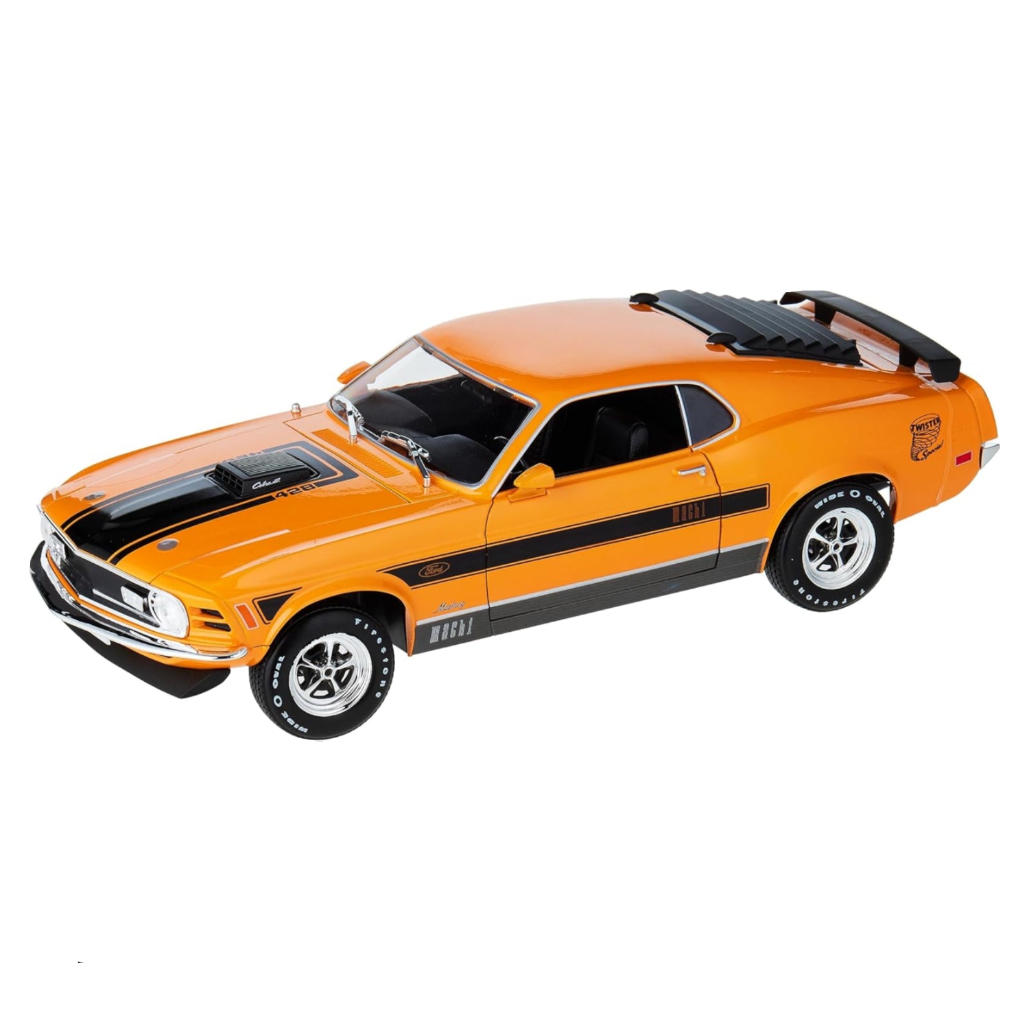 Maisto 1:18 scale orange 1970 Ford Mustang Mach 1 diecast model car shown from front angle.