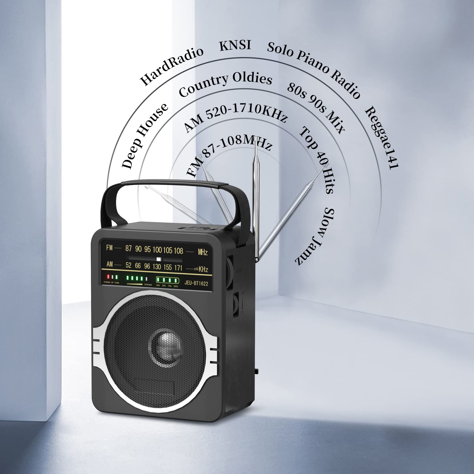 JEUJUG Portable AM FM Bluetooth Radio – 5W Loud Speaker