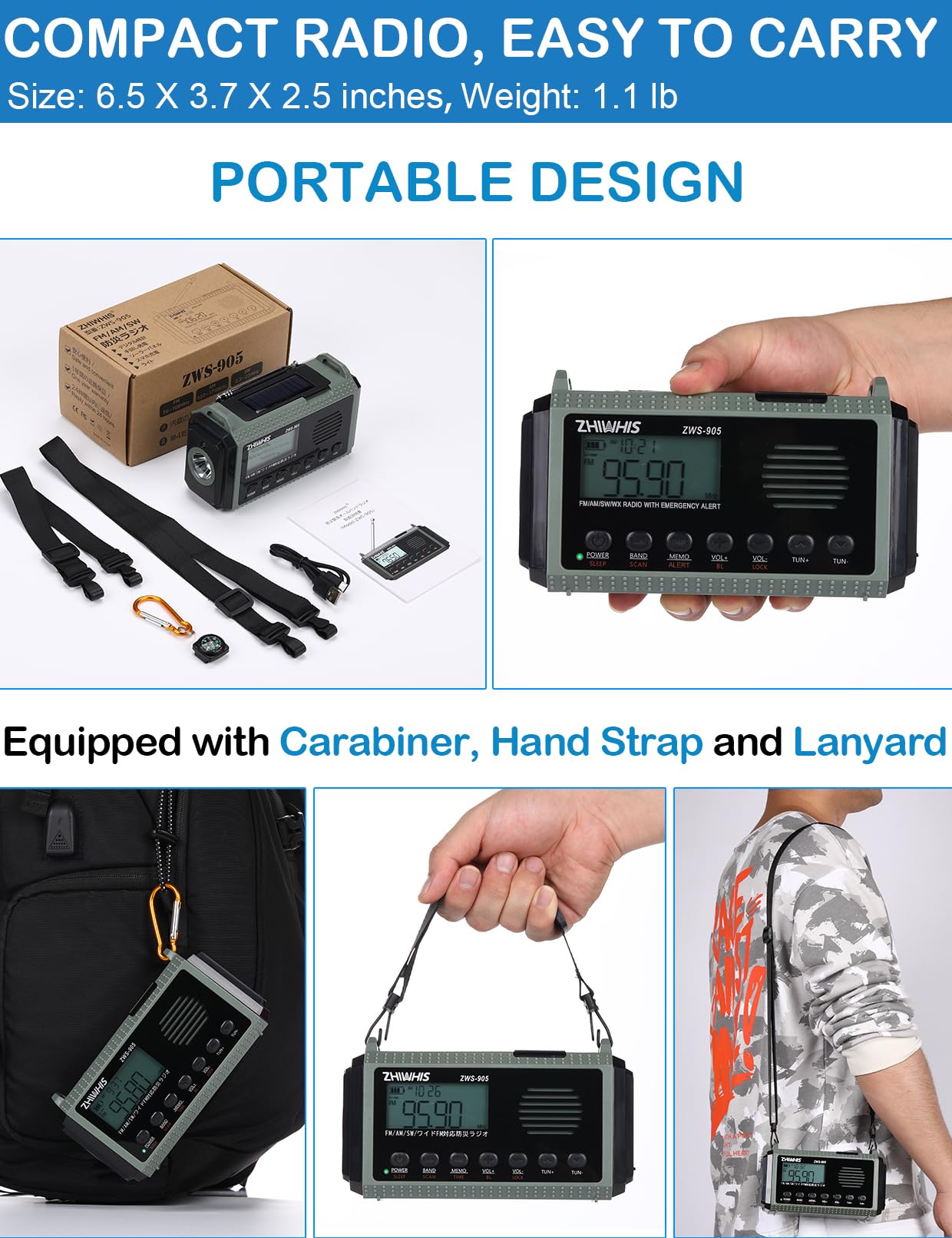 ZHIWHIS Emergency Radio with Auto NOAA Alerts, 10000mAh AM FM SW by ZHIWHIS - Angle View 8