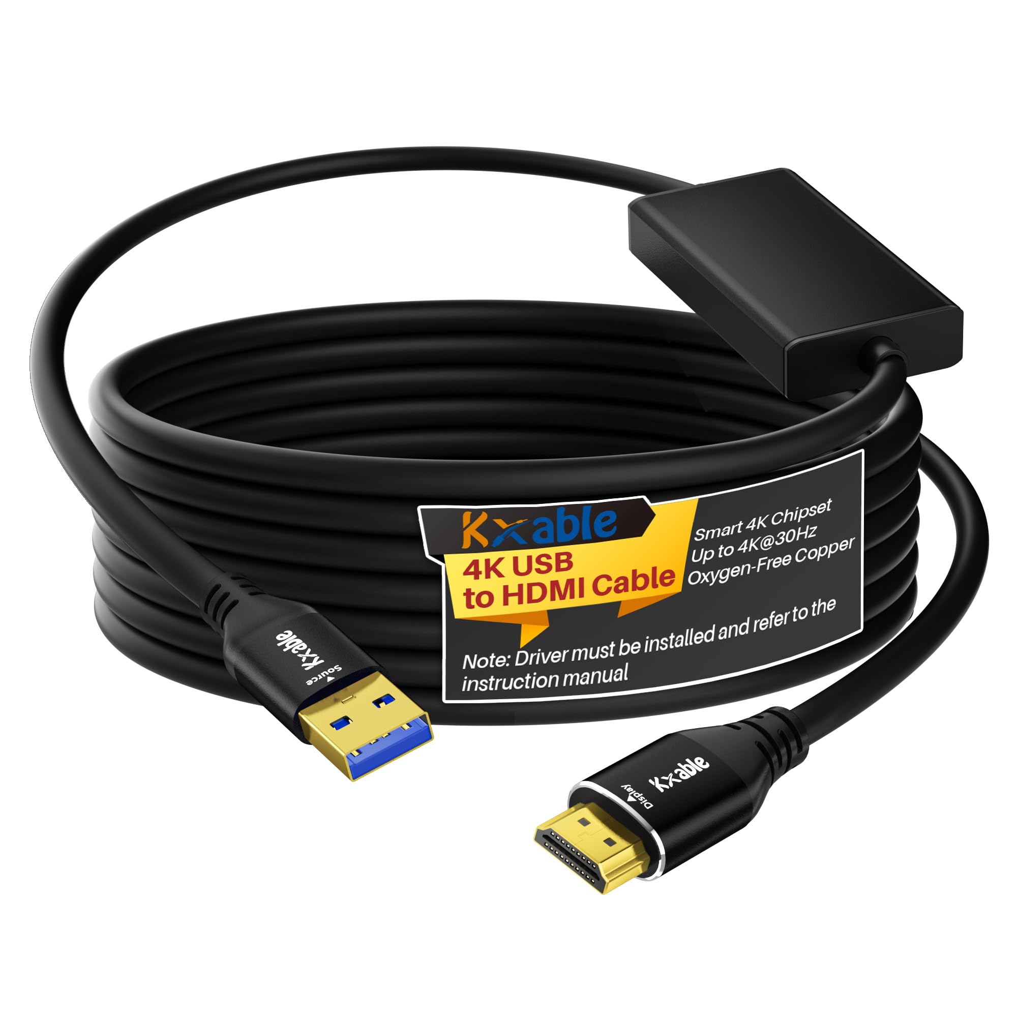 Kxable 4K USB A 3.0 to HDMI cable, 10 ft, supports 4K video and HD audio for TV, monitor, or projector on Windows and Mac OS.