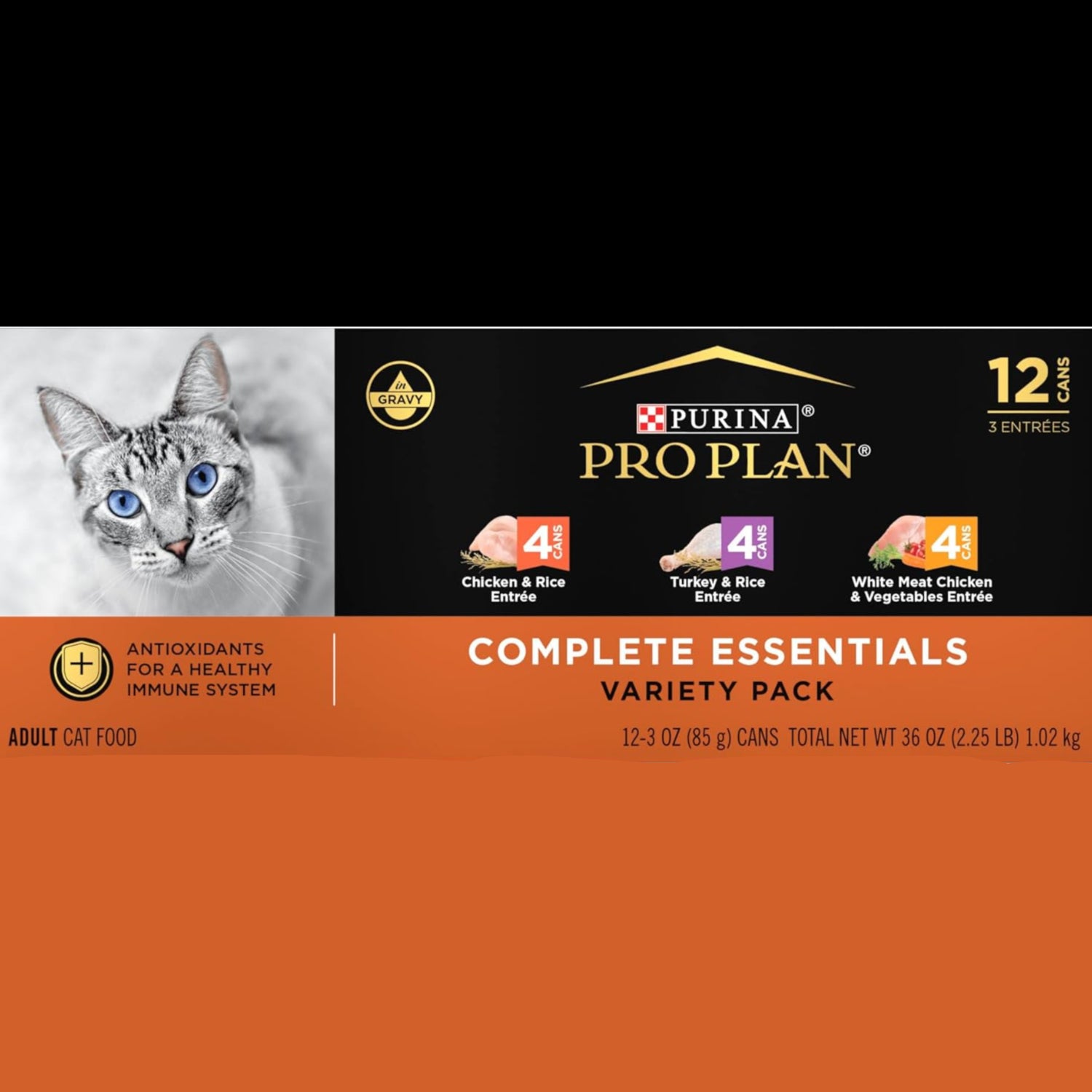 Purina Pro Plan high protein wet cat food variety pack with gravy, complete essentials, featuring different flavors in the image.