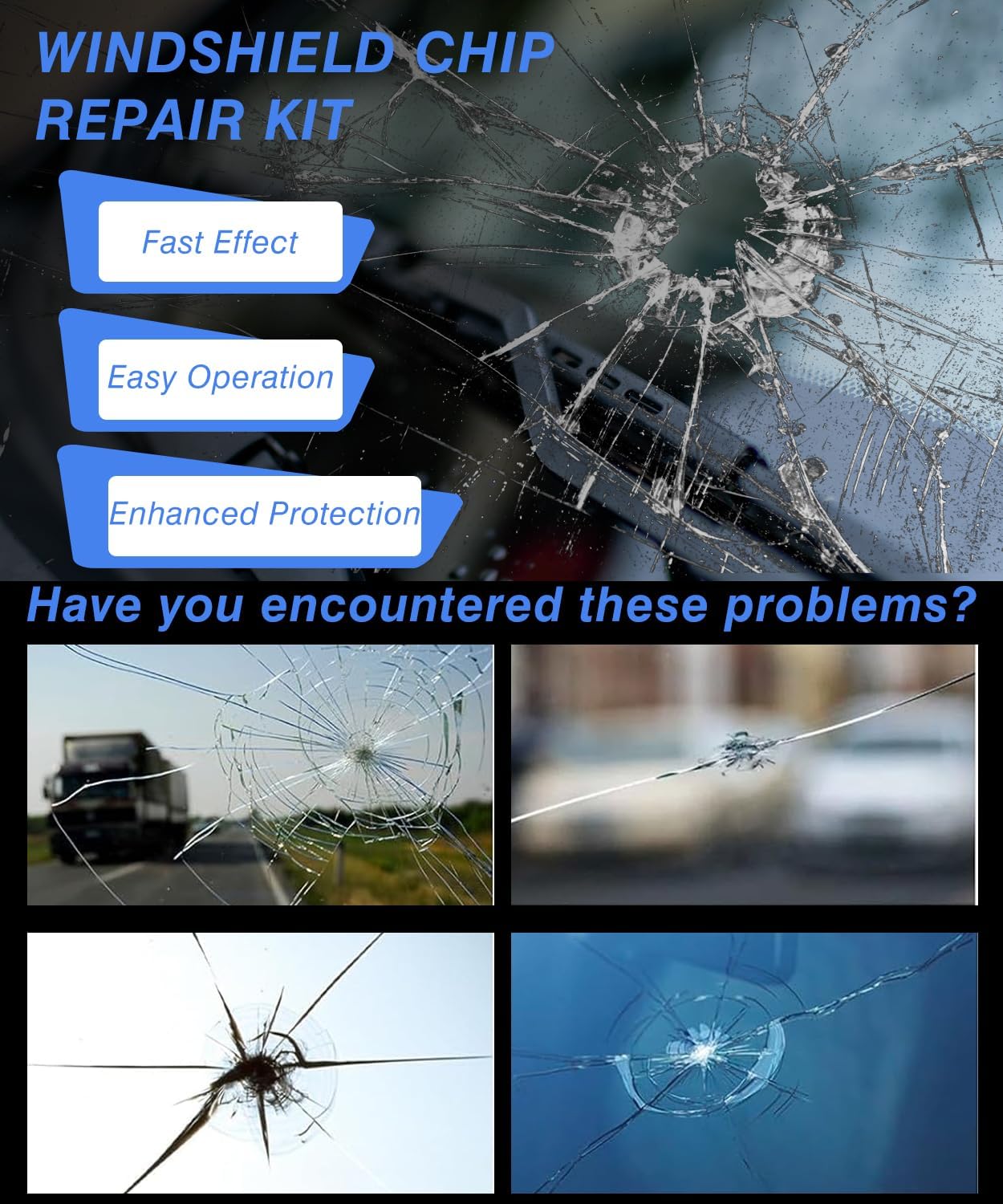 JPOBFT windshield crack repair kit for chips and cracks, includes tools for fixing damaged car windshields.