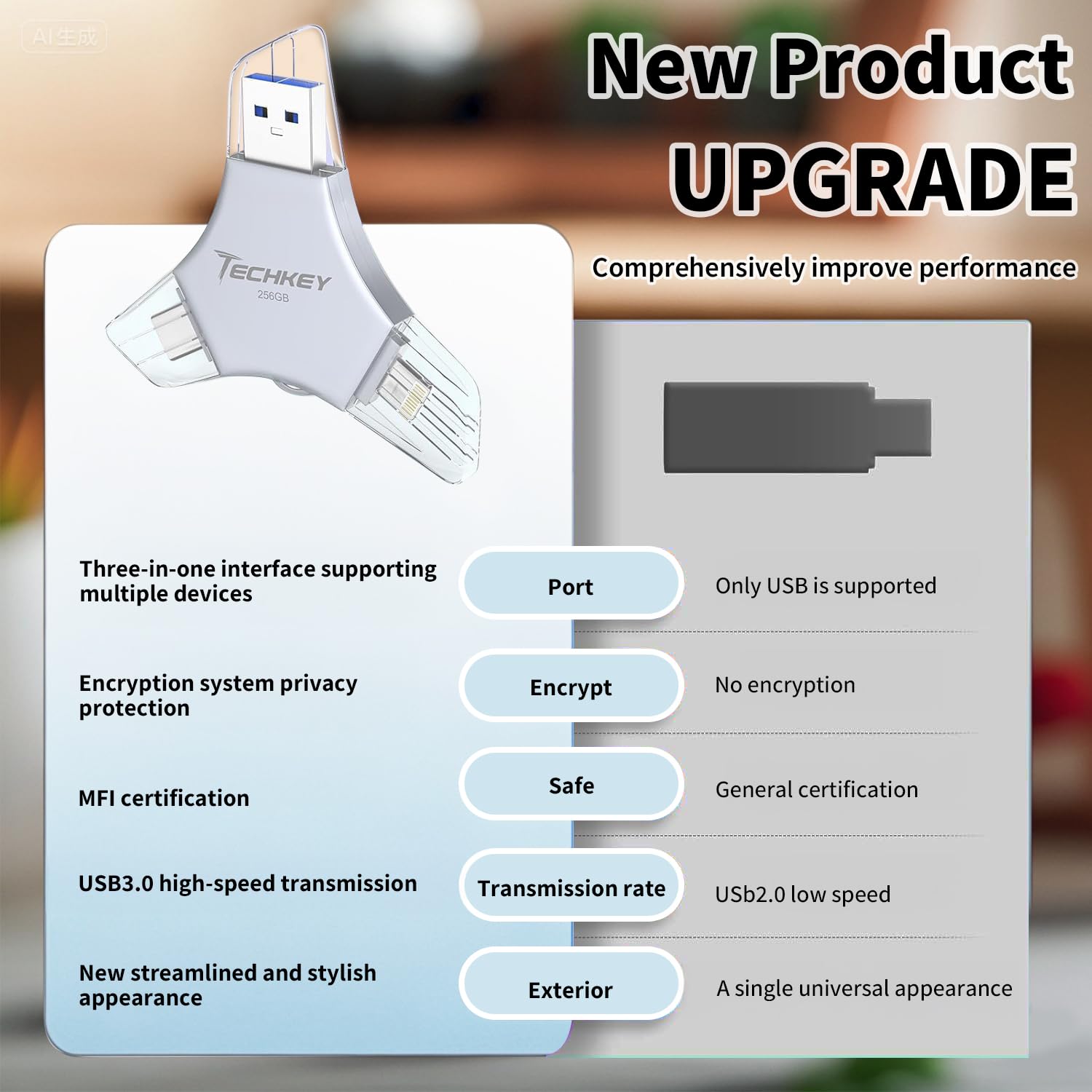 Techkey USB Flash Drive for iPhone/iPad, MFi Certified 3in1, 256G by Techkey - Angle View 3