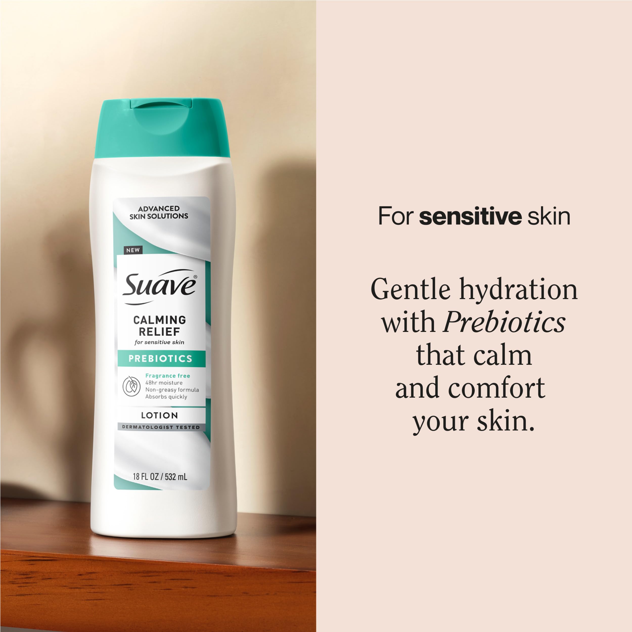 Suave Calming Relief Hand & Body Lotion for Women With Prebiotics For Sensitive Skin, Fragrance & Allergen Free, Helps Restore Skin's Moisture Barrier, 18 FL OZ, 6 Pack