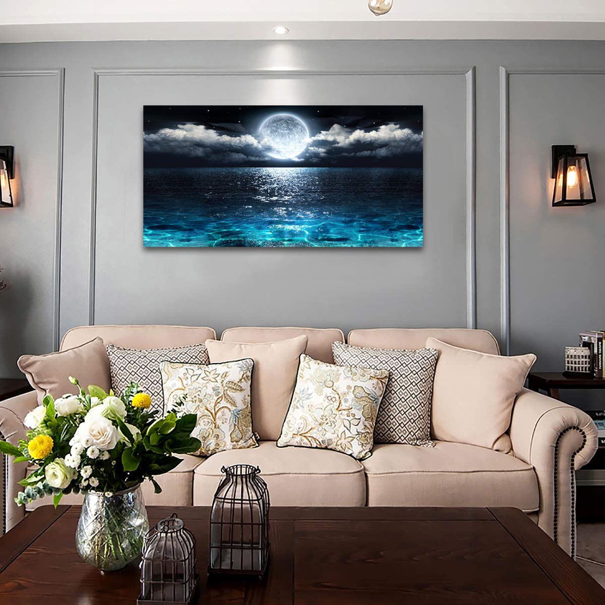 Ocean moon landscape canvas wall art depicting a serene sea scene with a full moon, modern artwork for wall decor.
