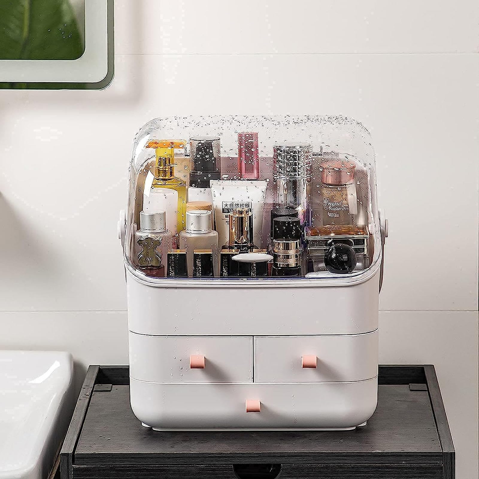 White VIDECOR waterproof makeup caddy with multiple compartments for bathroom, dresser, or bedroom storage, dustproof and organized.