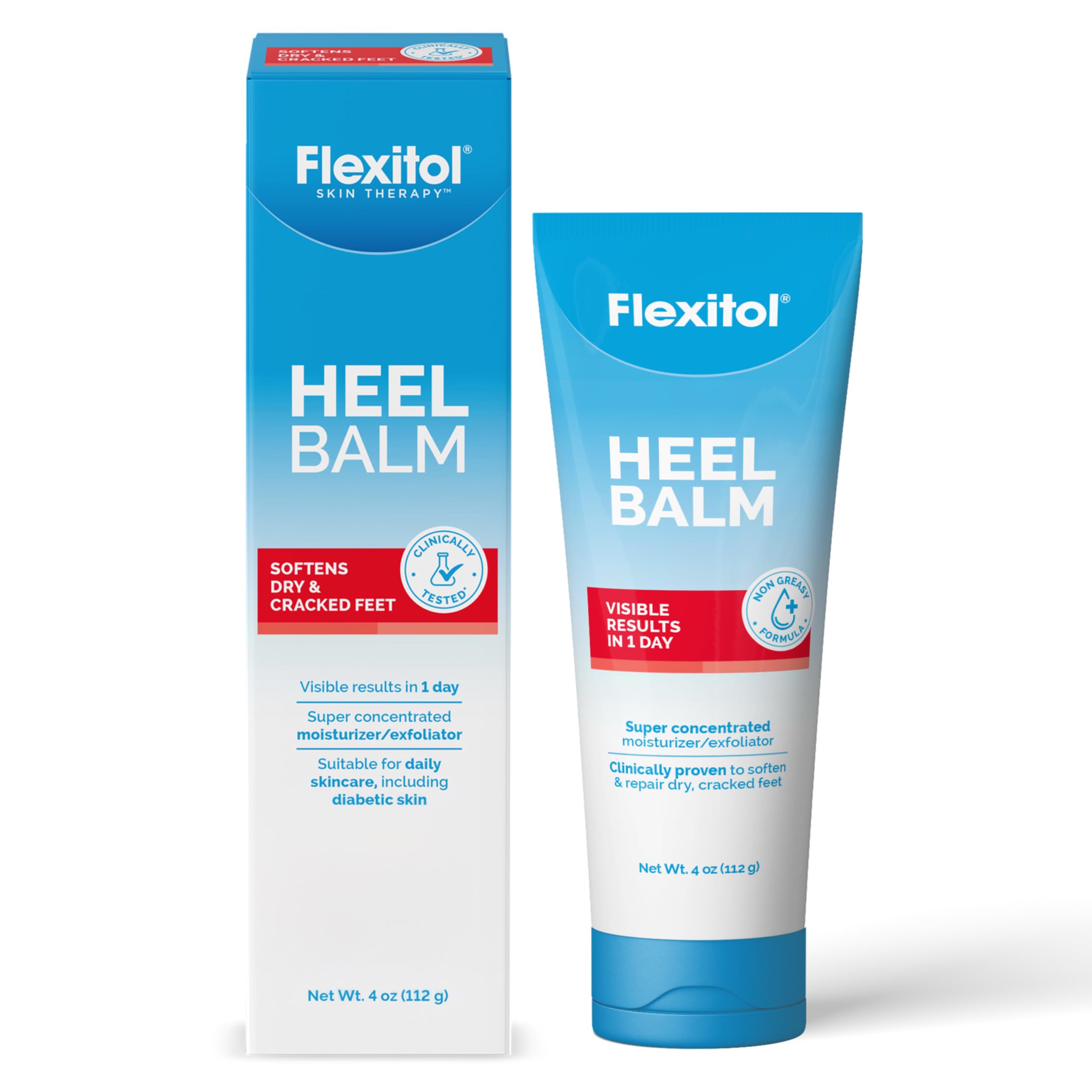 Flexitol heel balm in a 4 oz tube, designed for cracked heels and foot care, with soothing, moisturizing ingredients.