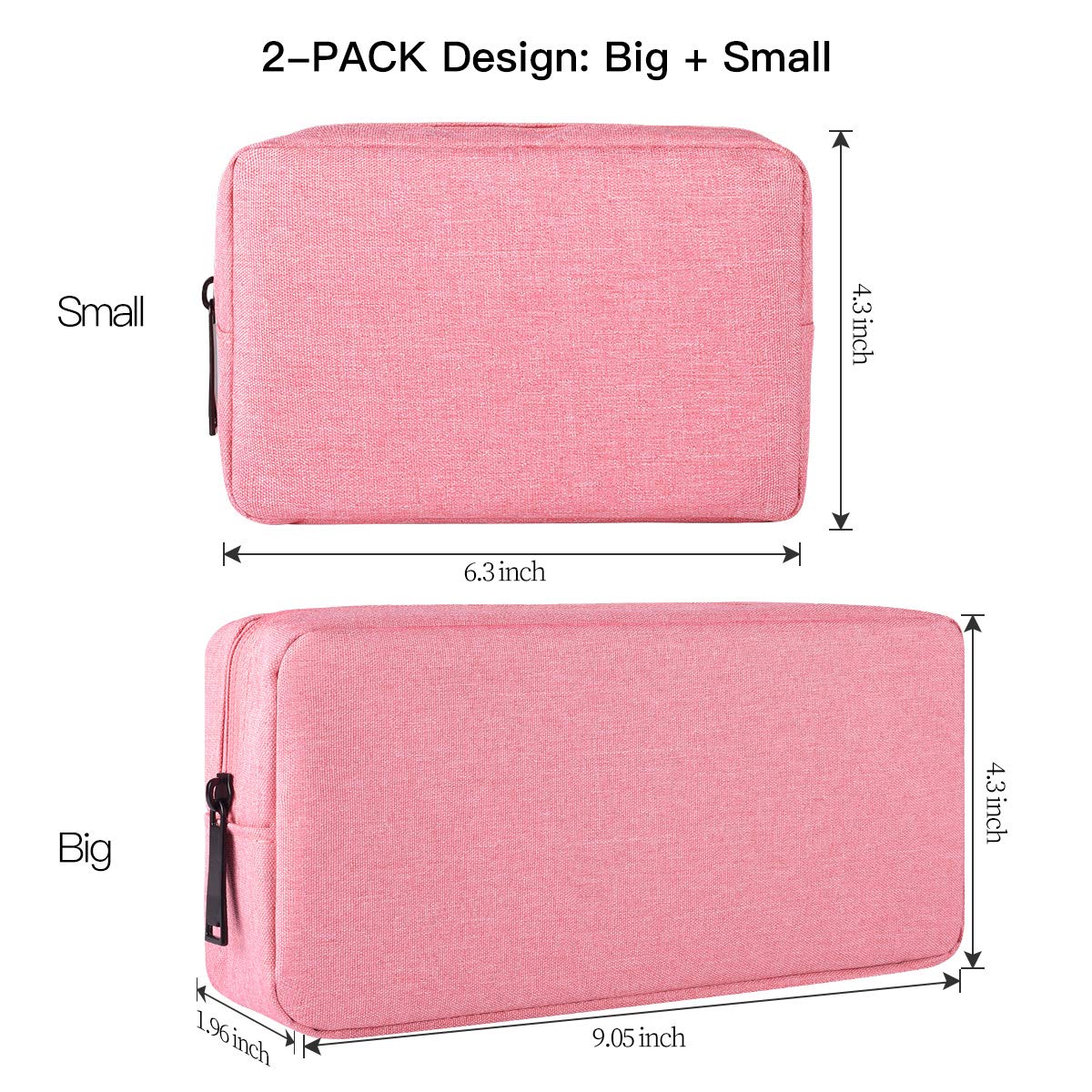 2-PACK Accessories Bag for Women Ladies Travel Organizer, Big+Small Portable Storage Bag Pouch Electronics Accessories Carrying Case Cosmetic Bag for Hard Drive, Mouse, Cable, Adapter, Cellphone, Pink