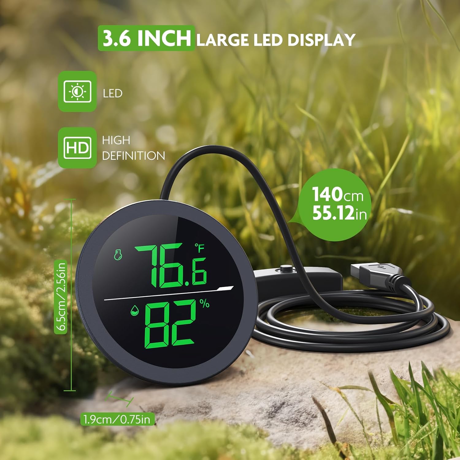 PAIZOO LED digital reptile thermometer and hygrometer showing temperature and humidity levels on a clear display screen.