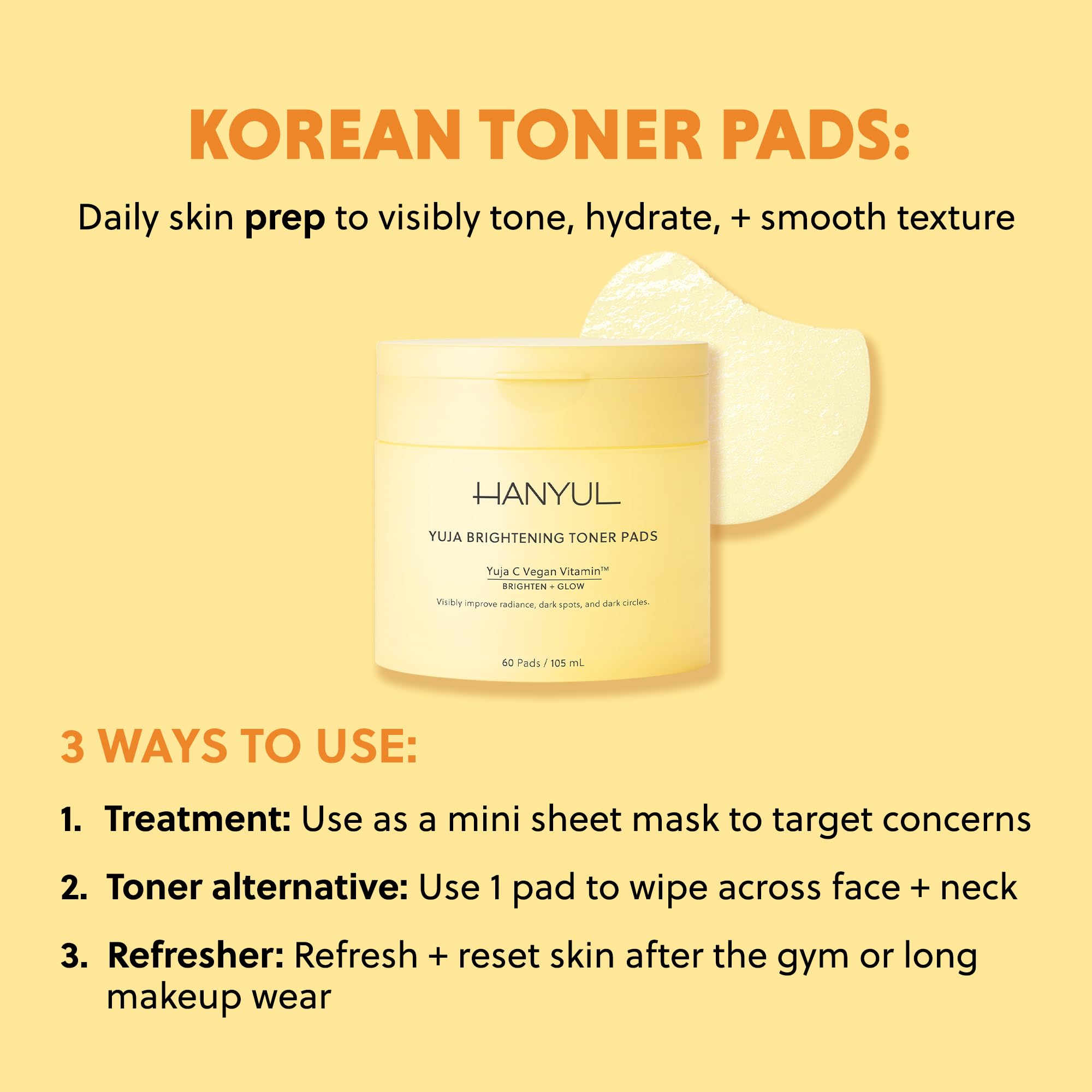 HANYUL Yuja Toner Pads mask with brightening citrus-infused fabric sheet and toner for skincare.