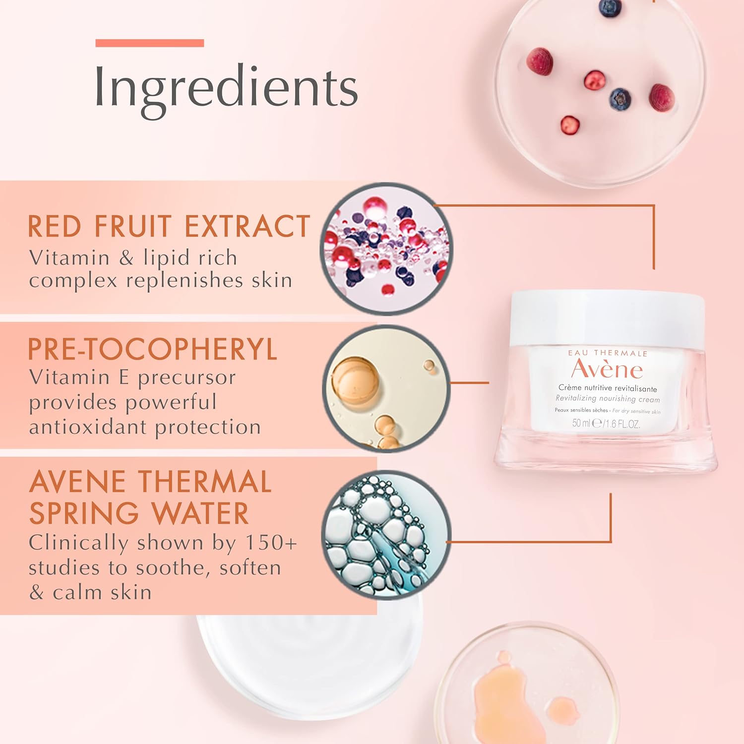 Avène Revitalizing Nourishing Cream in a 1.6 oz jar, ultra nourishing face moisturizer, non-comedogenic, smooth cream texture.