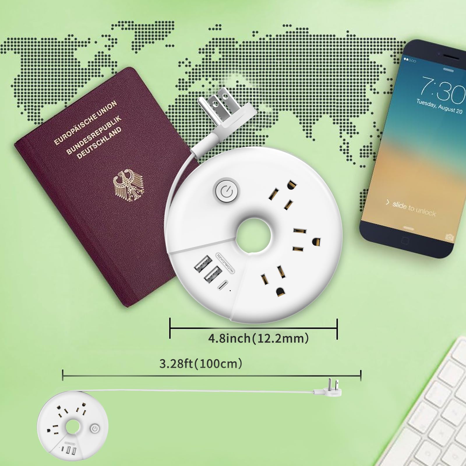 Travel Power Strip, NTONPOWER 3 Outlets 3 USB  Cruise Approved Po by NTONPOWER - Angle View 2
