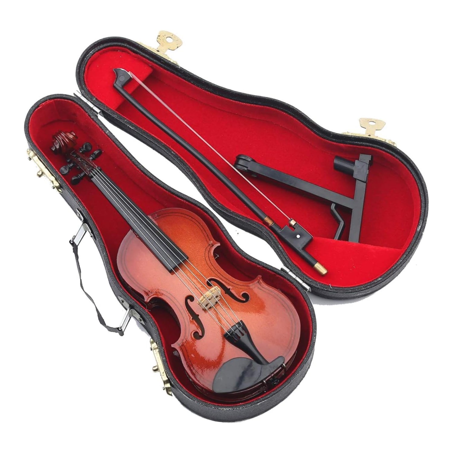 Miniature Dselvgvu violin with stand, bow, and case, measuring 6.31"x2.24"x0.98" for display or collection.
