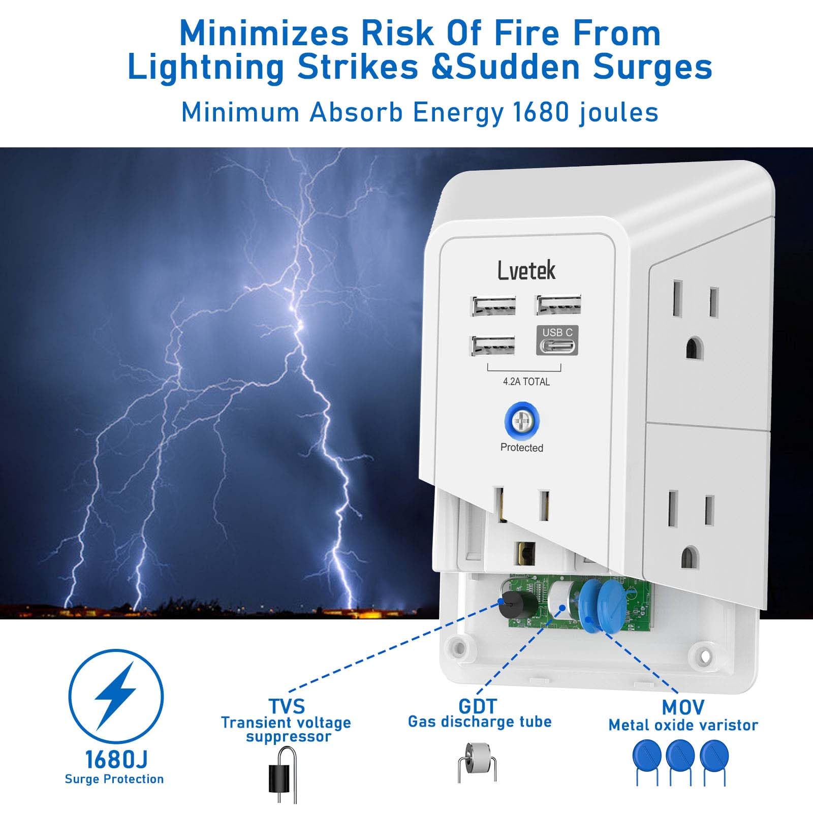 Lvetek 5 Outlet Extender Multi Plug Wall Outlets with 4 USB Charg by Lvetek - Angle View 7