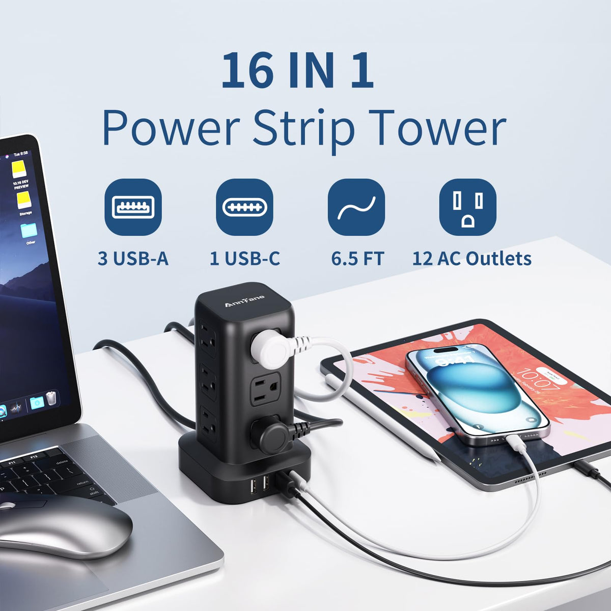 Power Strip 6 5 FT Cord Power Strip Tower with 4 USB Ports - AnnTane Official Imagery - 3