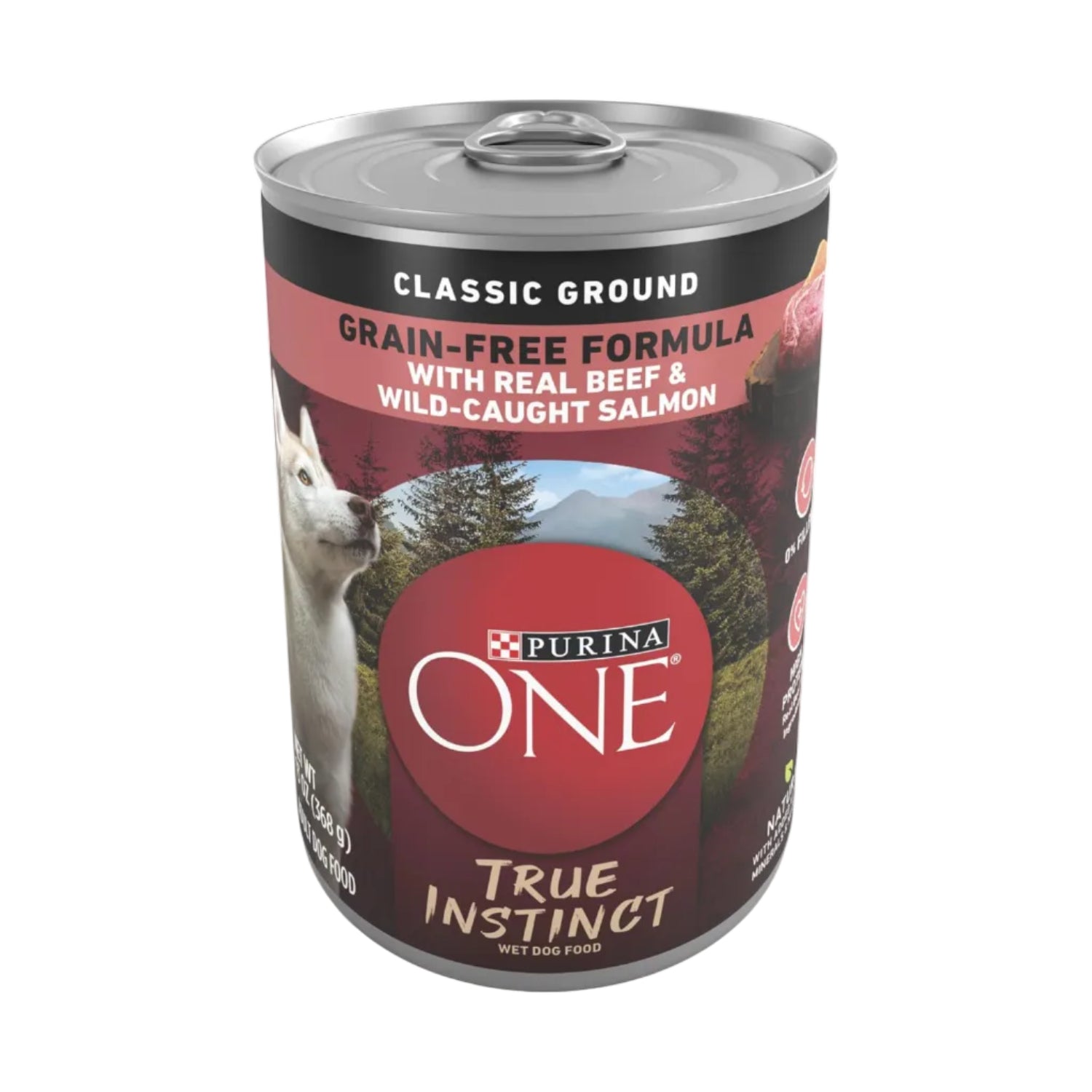 Purina ONE Wet Dog Food True Instinct Classic Grain-Free Ground Formula in 13 oz. cans, pack of 12, with ground texture and natural ingredients.