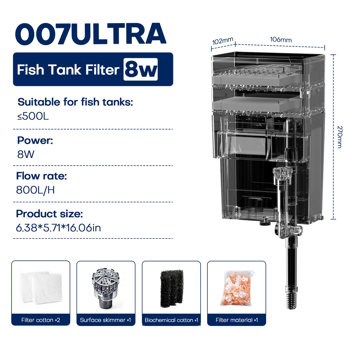 HOB Aquarium Filter 8W 800L H 3 in 1 Ultra Quiet for 30 55 - Sunbmebge Official Imagery - 3