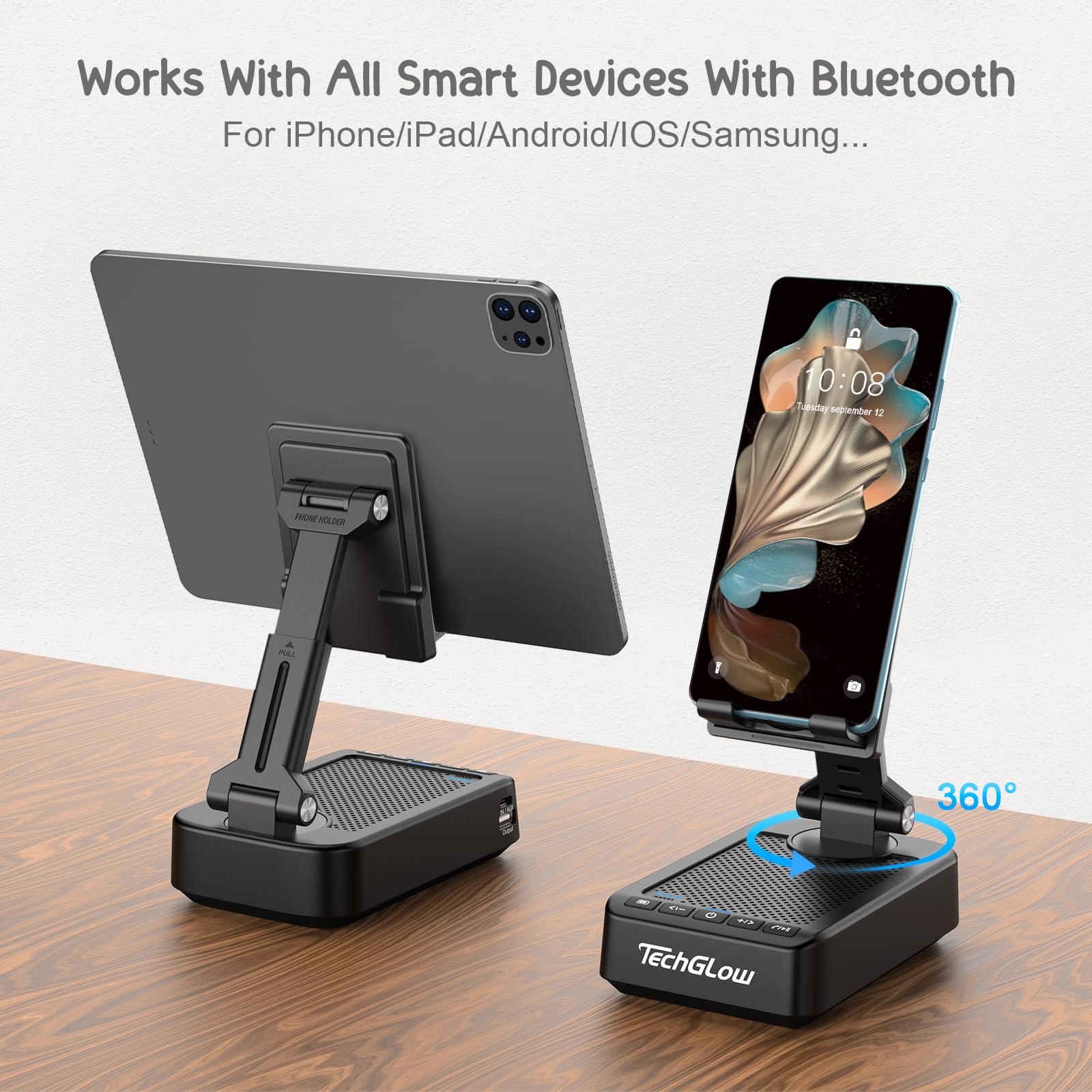TechGlow Foldable Cellphone Stand with Bluetooth Speaker Charging Func - View 5