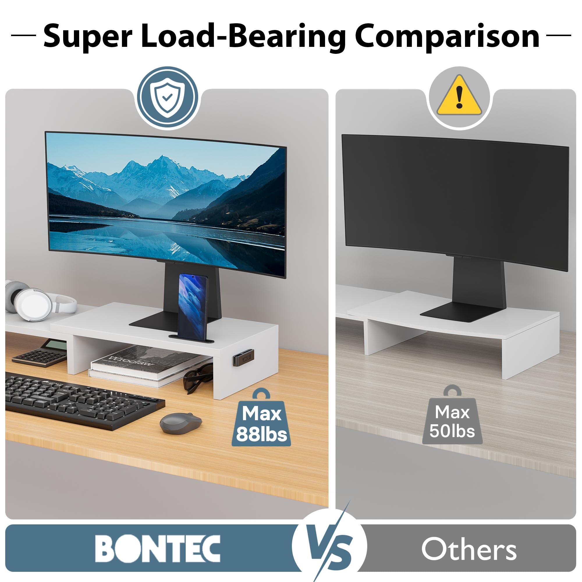 BONTEC dual monitor stand riser in white with adjustable length and swivel angle, supporting two screens for ergonomic workspace.