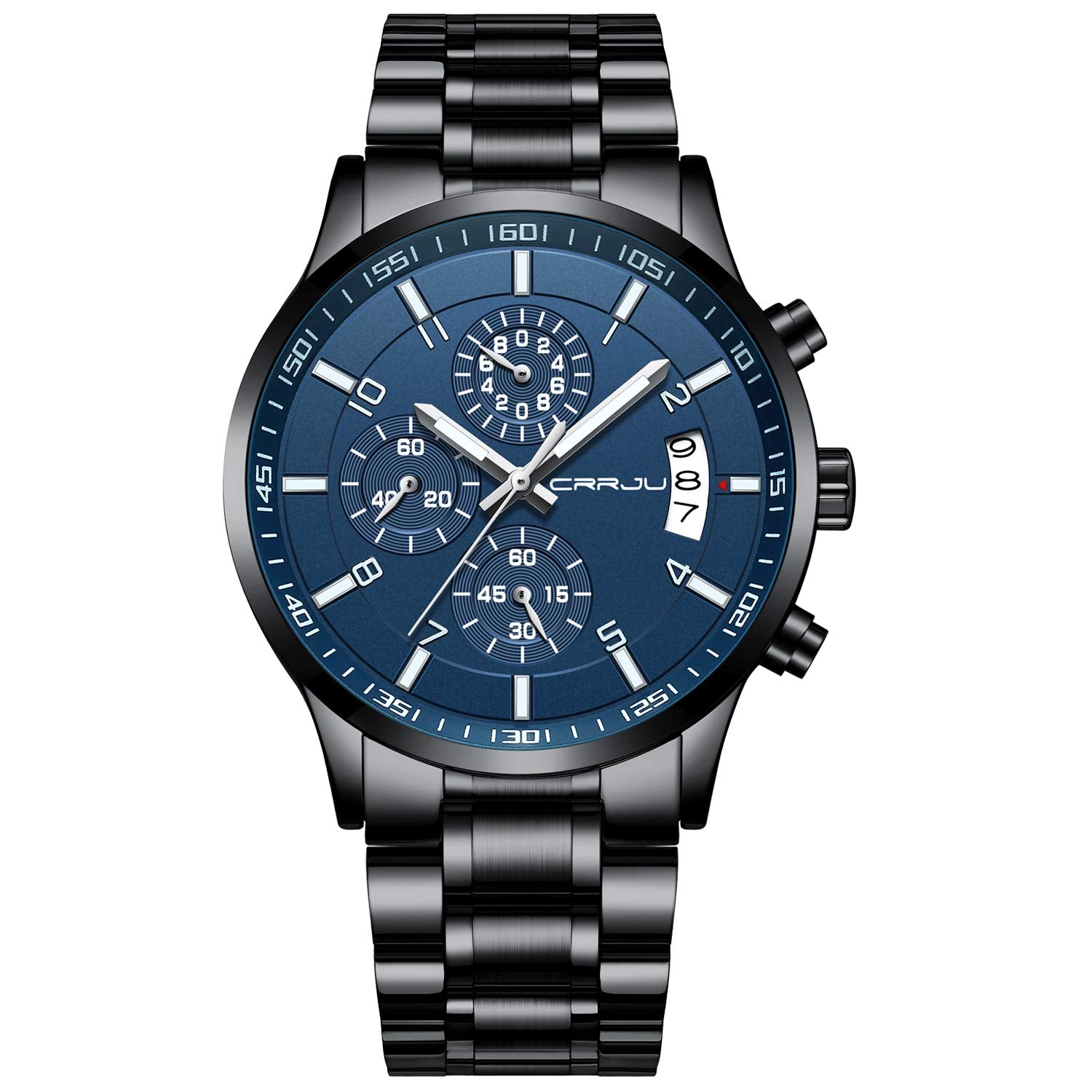 CRRJU Men's Chronograph Watch – Black Steel 3ATM