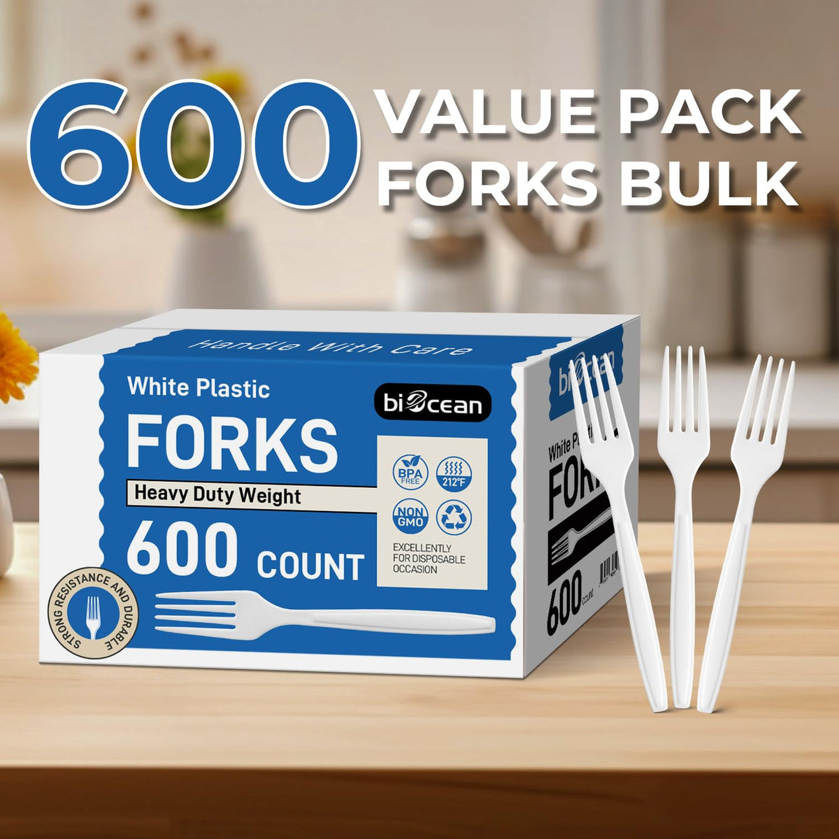 600Pack Disposable Plastic Forks Bulk White Heavy Duty - biocean Official Imagery - 8