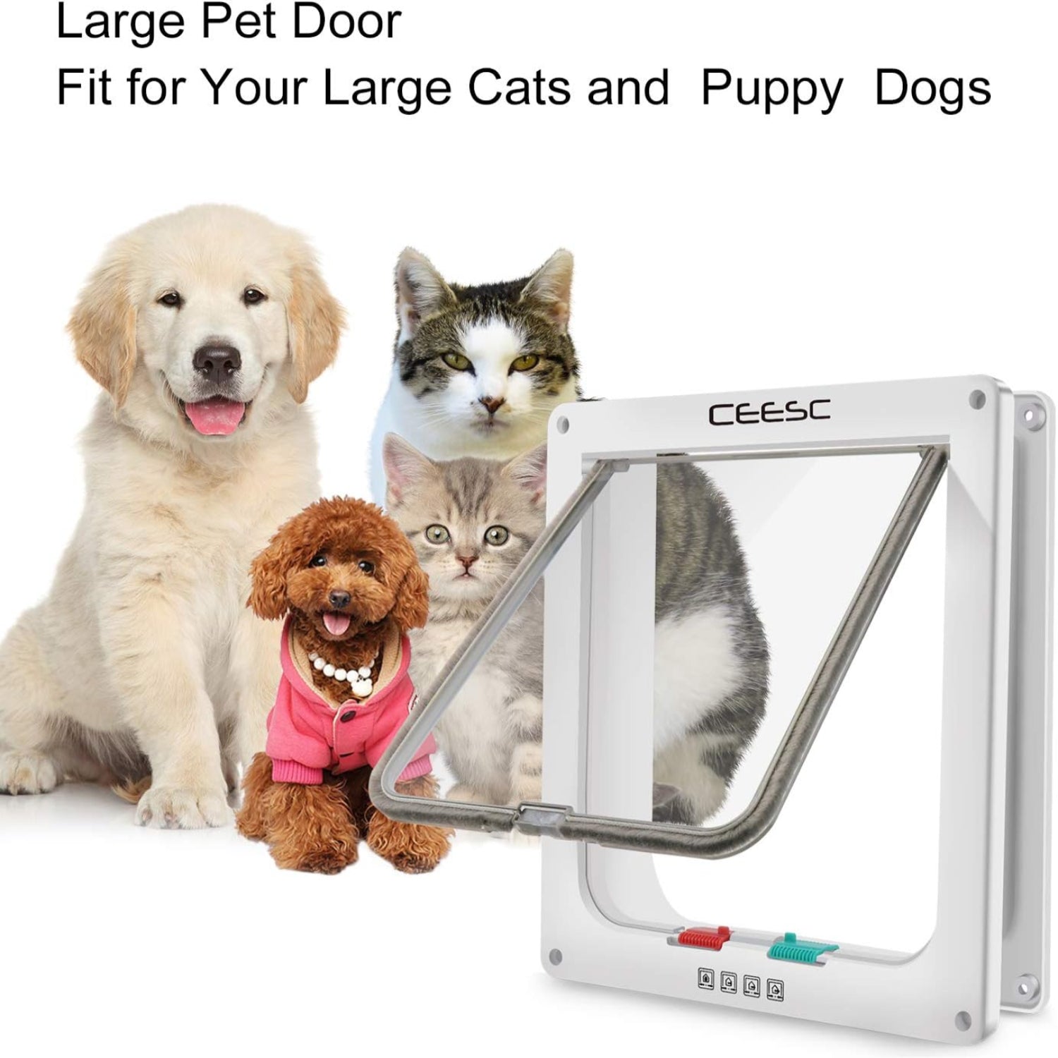 CEESC extra large white cat door with weatherproof design, outer size 11x9.8 inches, suitable for pet access.