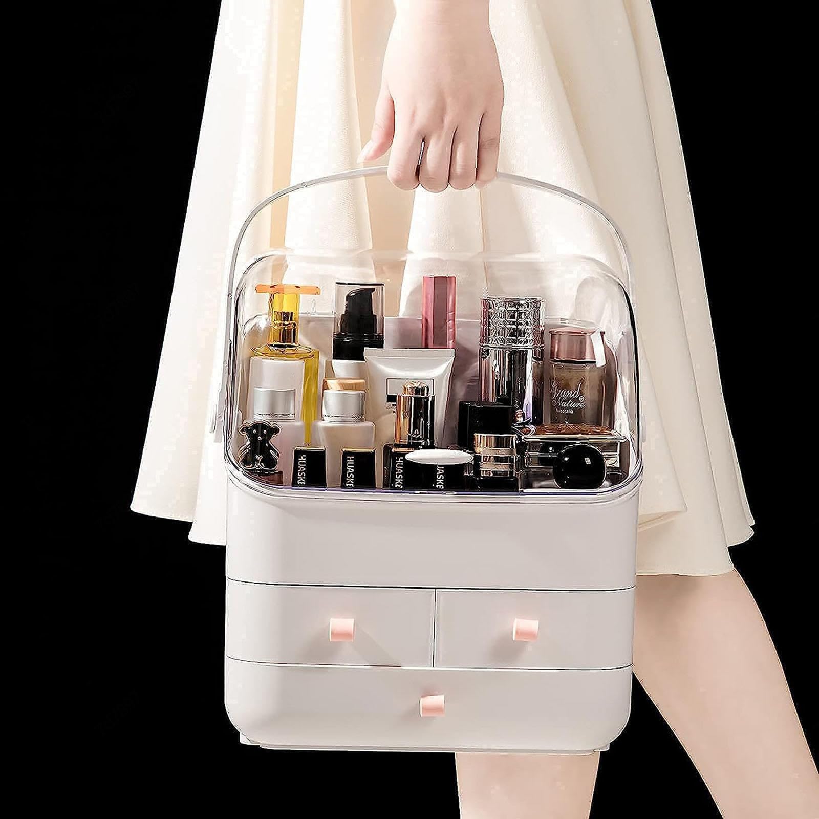 White VIDECOR makeup organizer caddy with compartments for bathroom, dresser, or bedroom storage, waterproof and dustproof.