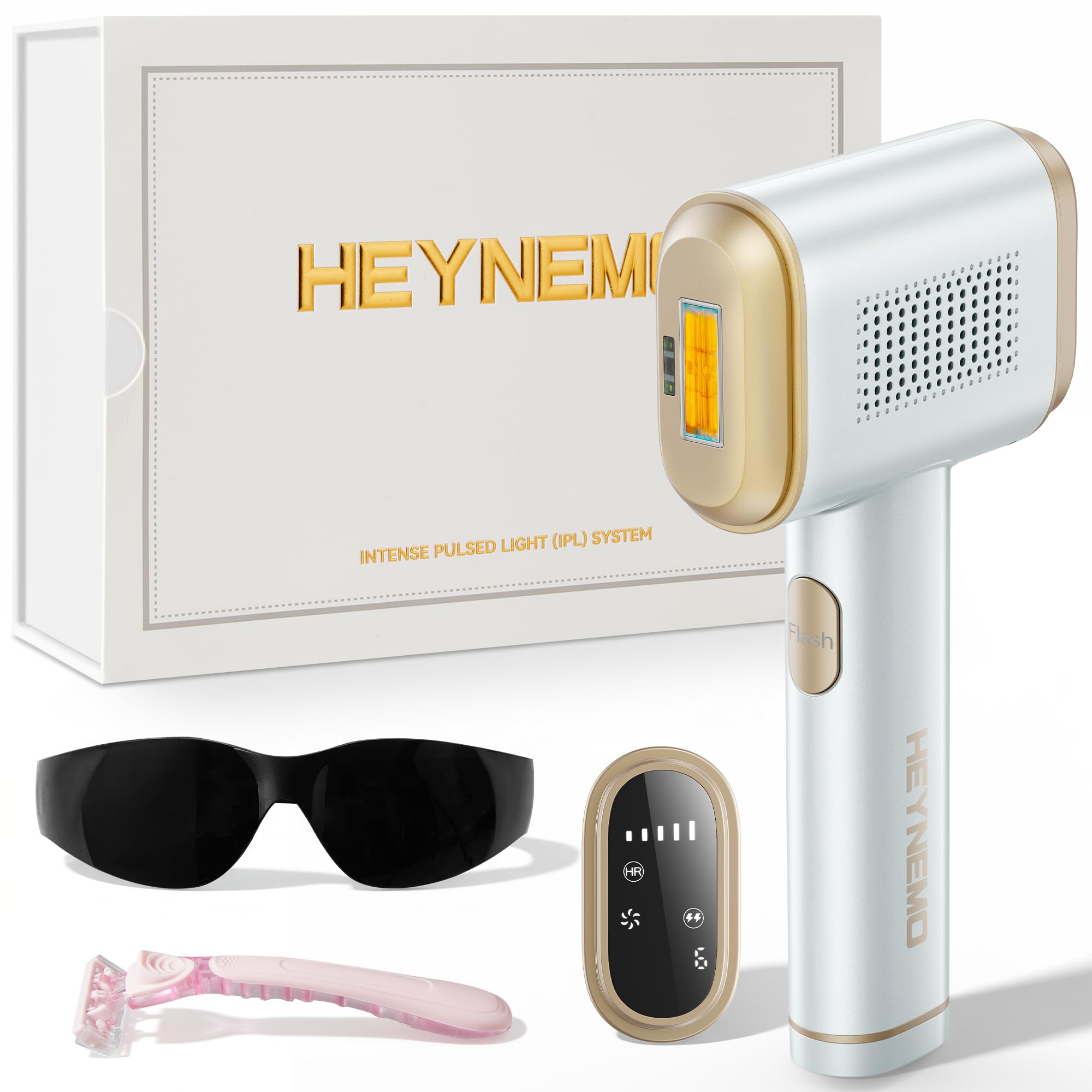 HEYNEMO IPL beauty device for hair removal with intense pulsed light technology, handheld system for skincare treatments.