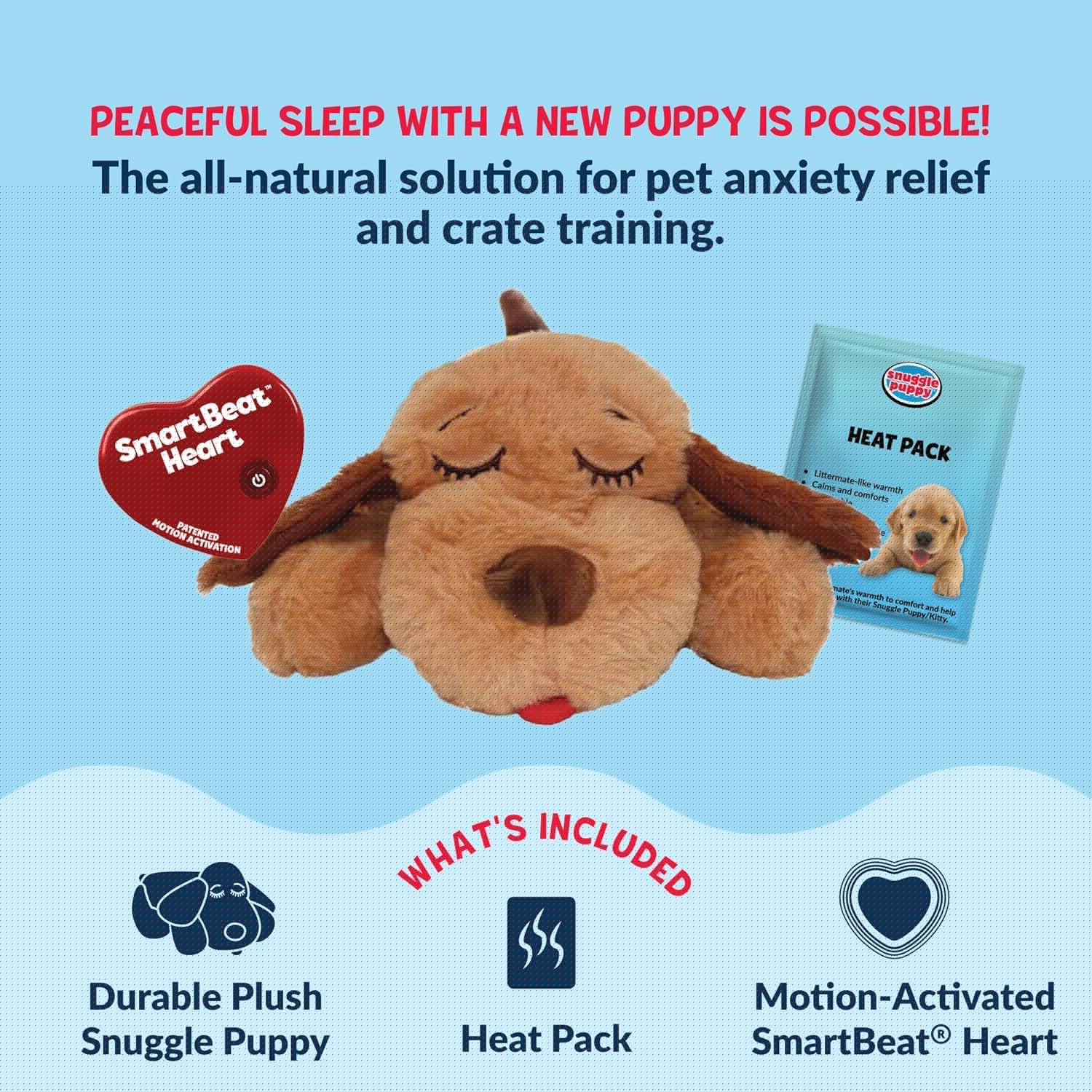Snuggle Puppy soft plush puppy toy with heartbeat device, real-feel pulse, and heat pack for comfort and companionship.