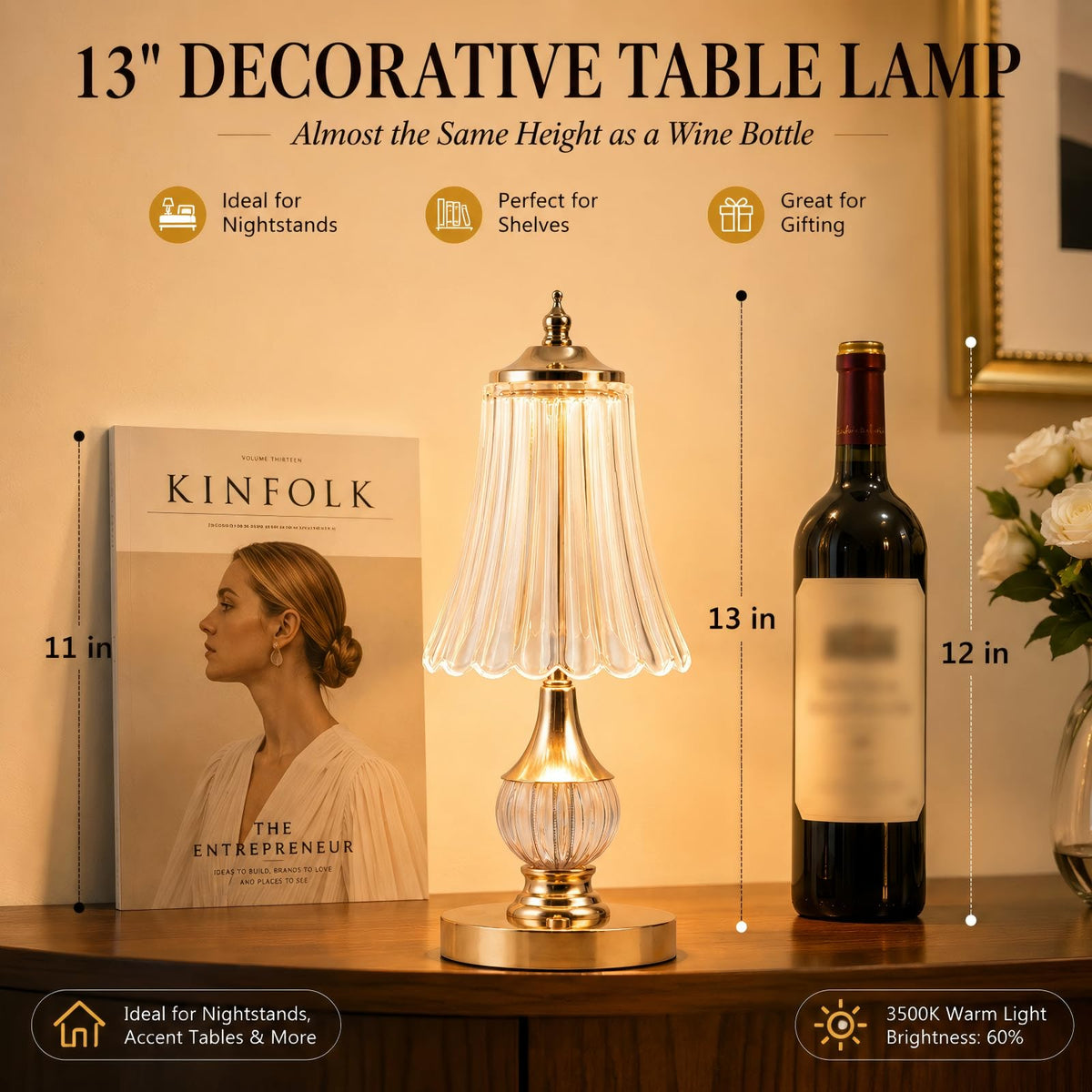 Gold Crystal Battery Operated Rechargeable Lamp Cordless - SisiHokai Official Imagery - 3