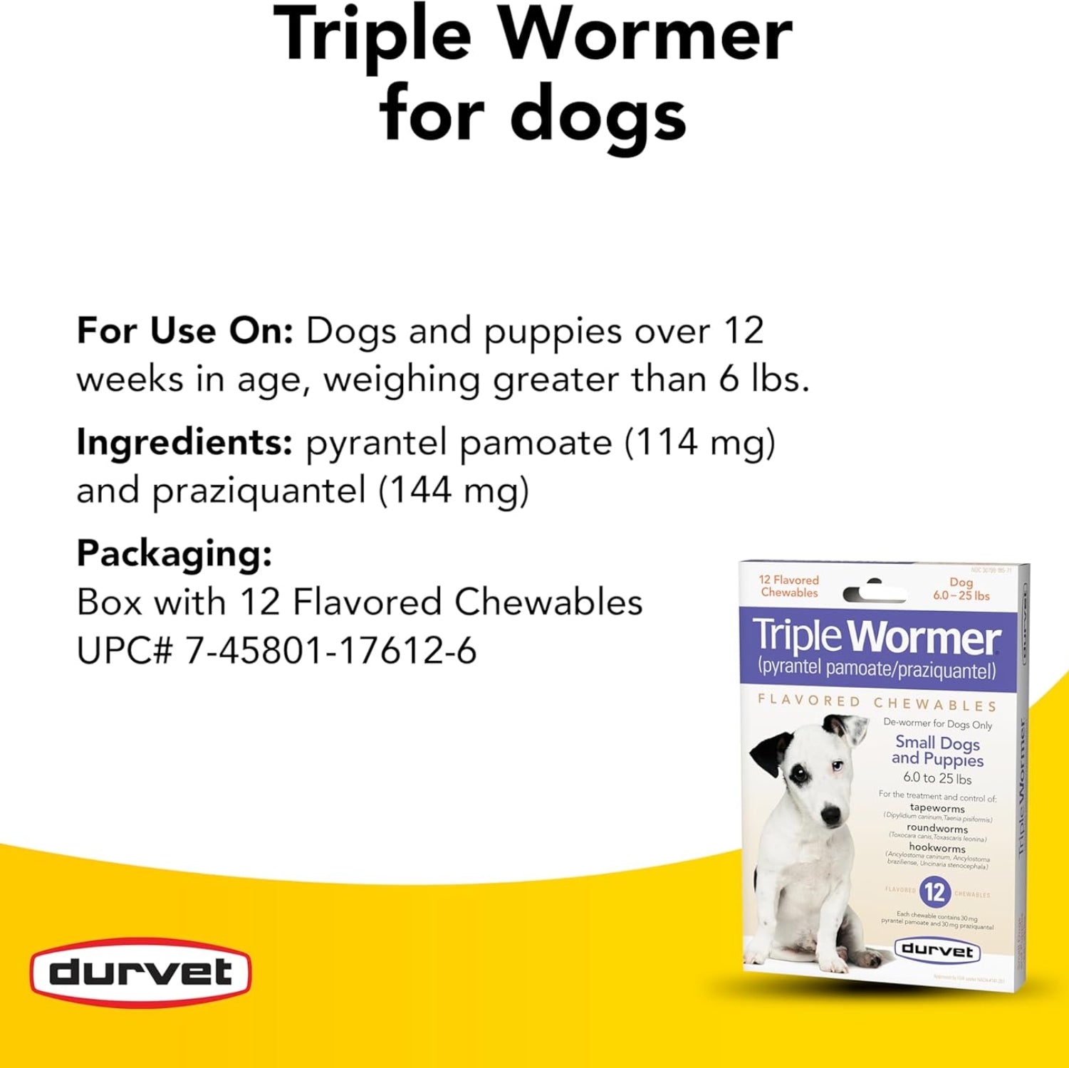 Durvet 12-pack of Triple Wormer Tablets for puppies and small dogs, showing blister packs with labeled tablets.