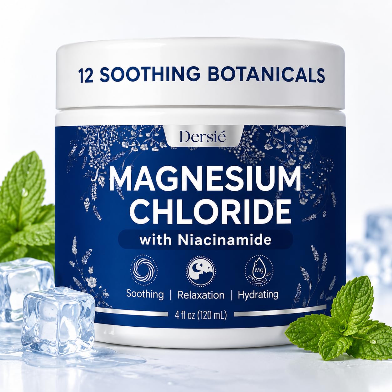 Dersie Magnesium Relief Cream for joints, legs, and feet in a 4 oz skin moisturizer jar, focusing on soothing and moisturizing skin.