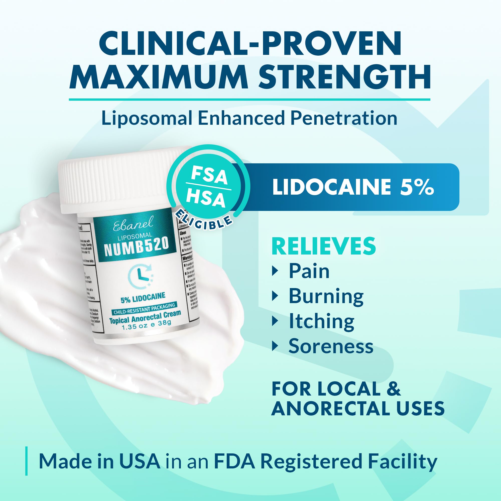 Ebanel 5% Lidocaine Numbing Cream, Pain Relief Burn Itch Numb Cream