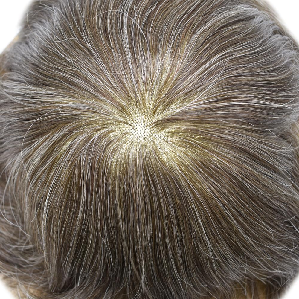 Curve Hair Mens Toupee Human Hair Piece Replacement System Monofilament Wig Hair Unit for Men Durable Poly Coated Mens Hairpiece (#440 Medium Brown+40% Gray, 7"X9")