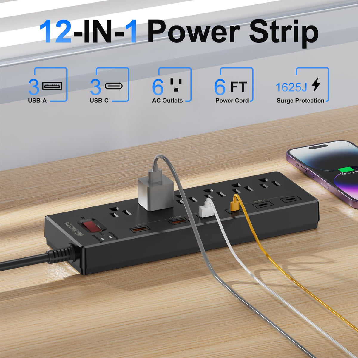 Power Strip with USB C Ports HITRENDS Surge Protector with 6 - HITRENDS Official Imagery - 3