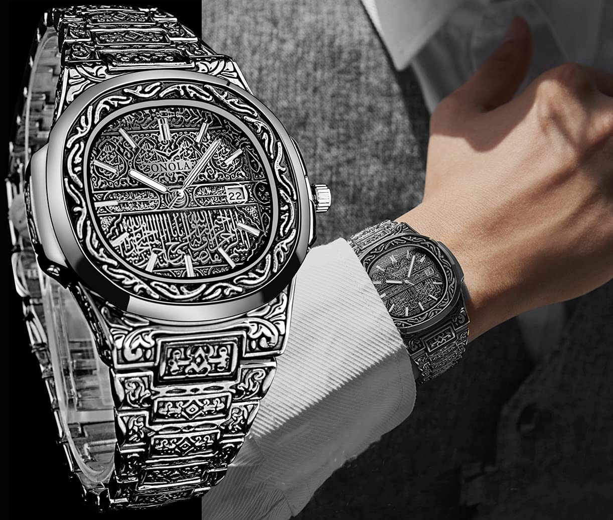 HUNRUY Retro Carved Men's Quartz Watch – Silver