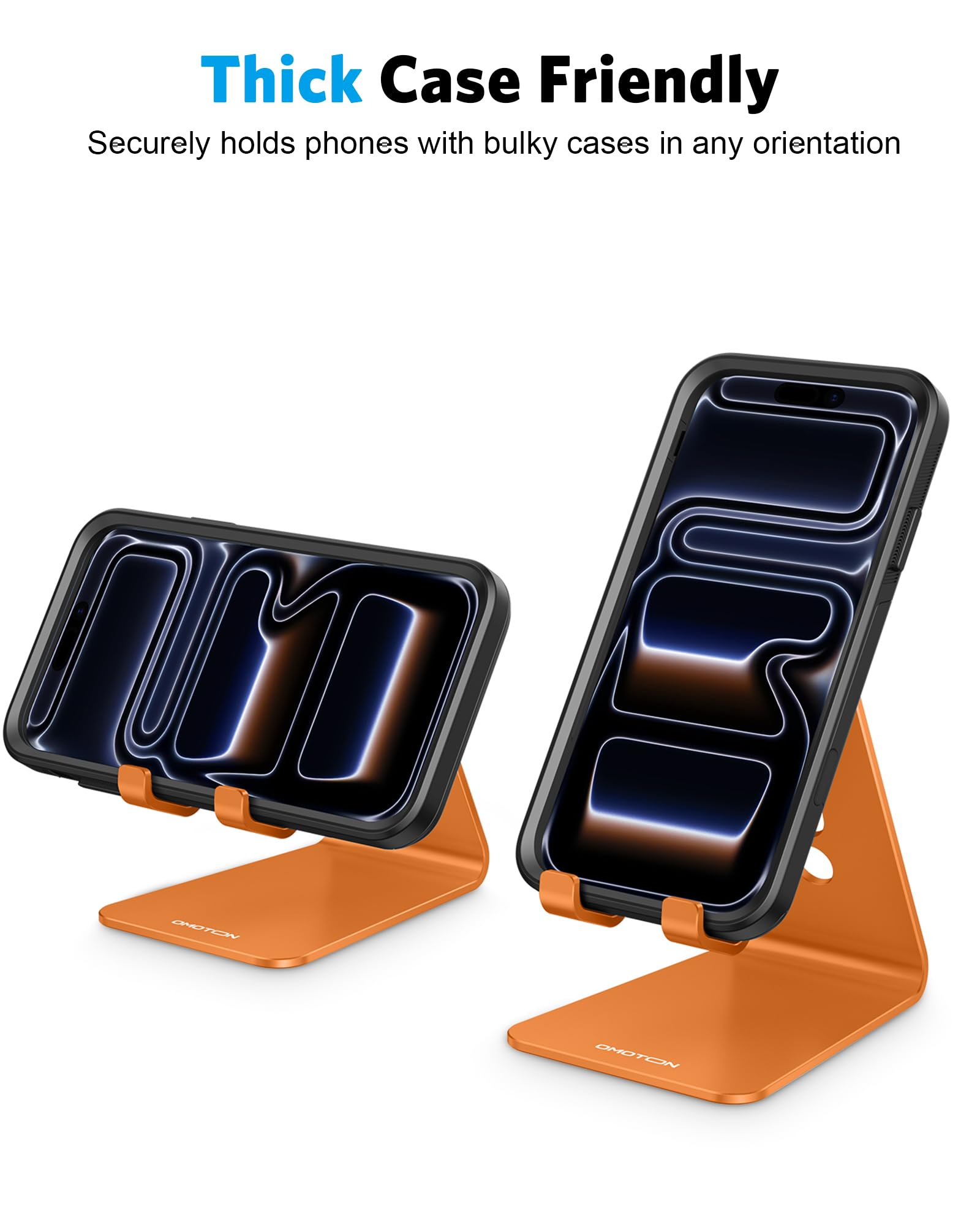 OMOTON Adjustable Cell Phone Stand, Aluminum Desktop Cellphone Stand with Anti-Slip Base and Convenient Charging Port, Fits All Smart Phones, Orange