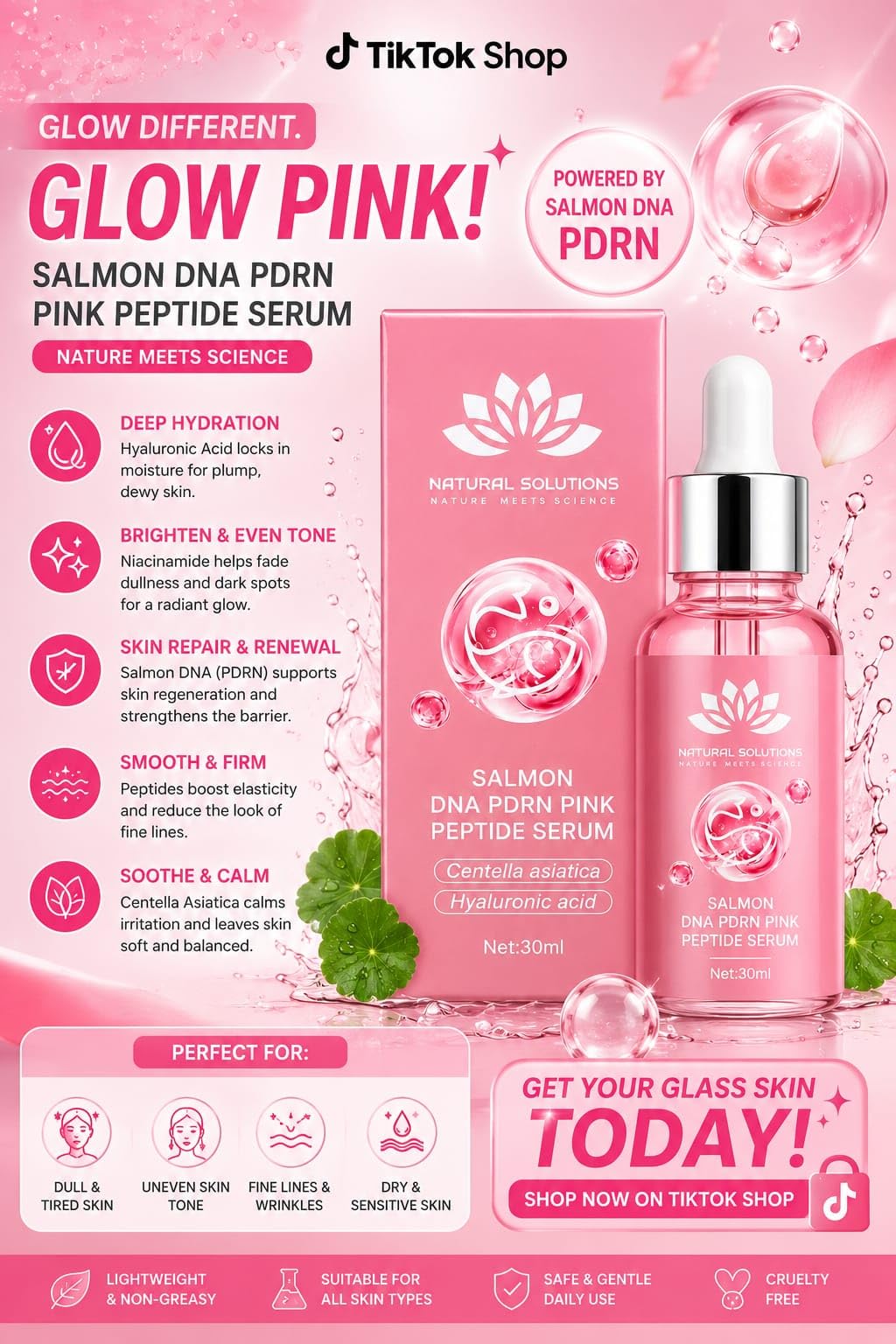 Korean Salmon DNA PDRN Pink Serum, Hyaluronic Acid, Peptides, - Natural Solutions Nature Meets Science